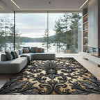 Ornate Metallic Silver Damask Scroll Rug