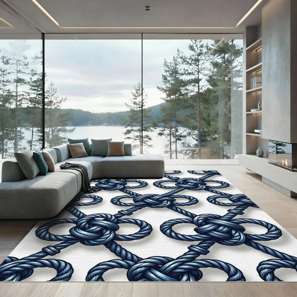 Navy Blue Interlocking Nautical Rope Grid Rug