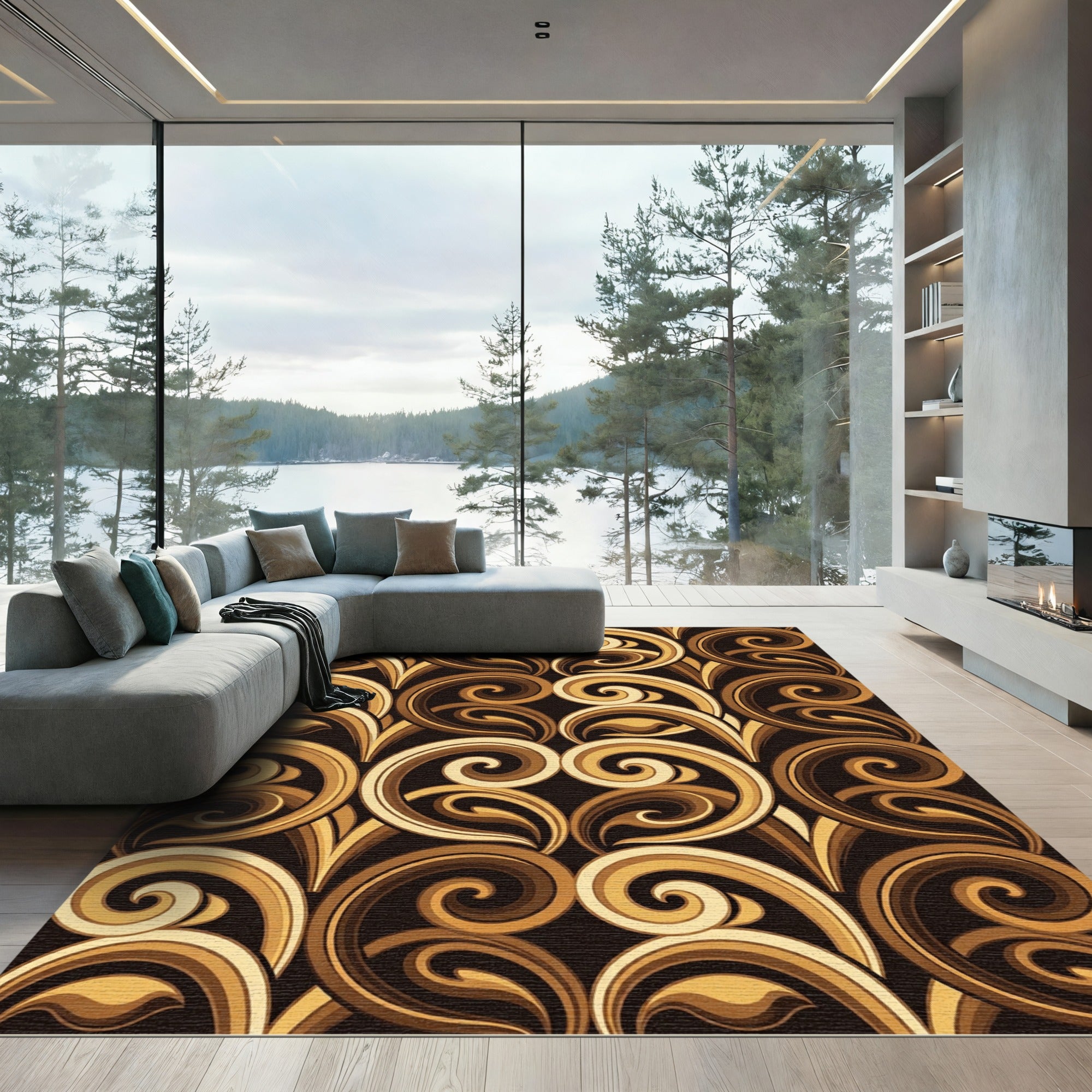 Golden Swirl Scroll Pattern Rug