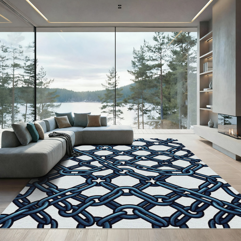 Indigo Metallic Linked Chain Grid Rug