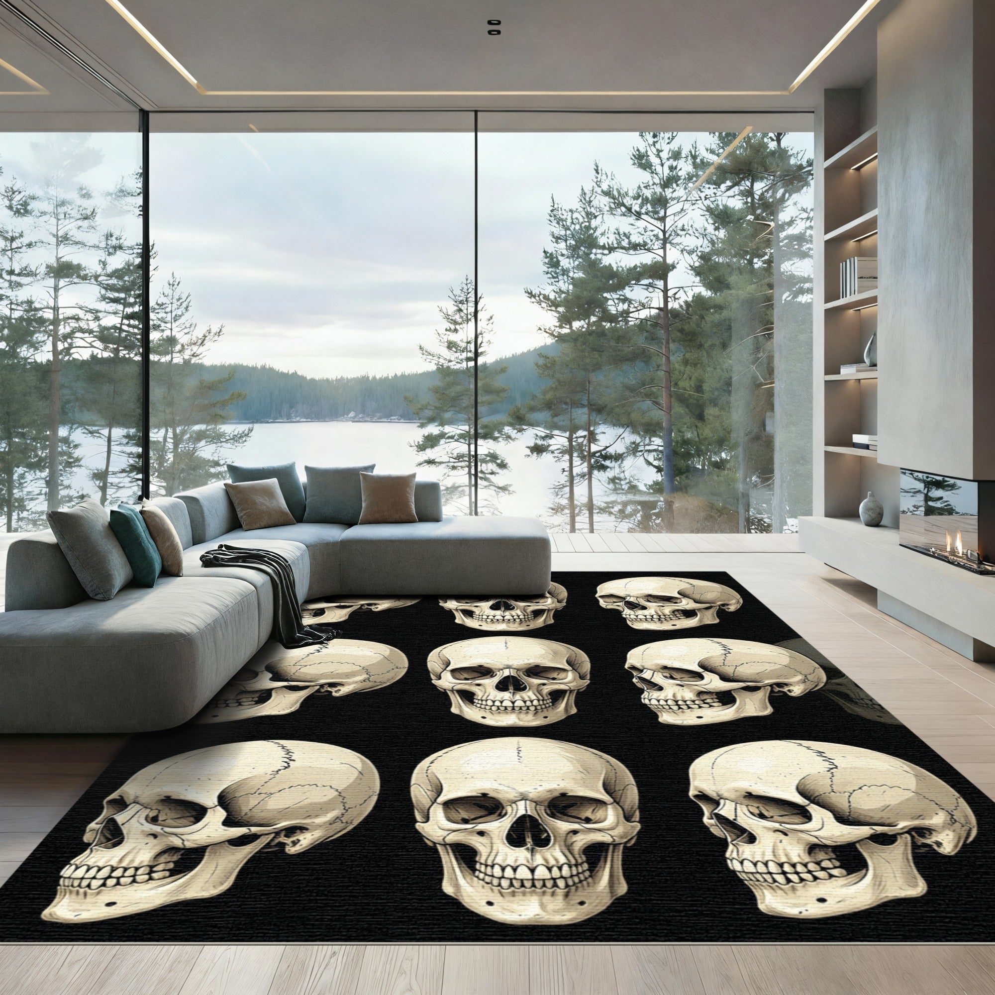 Monochrome Anatomical Skull Grid Illustration Rug
