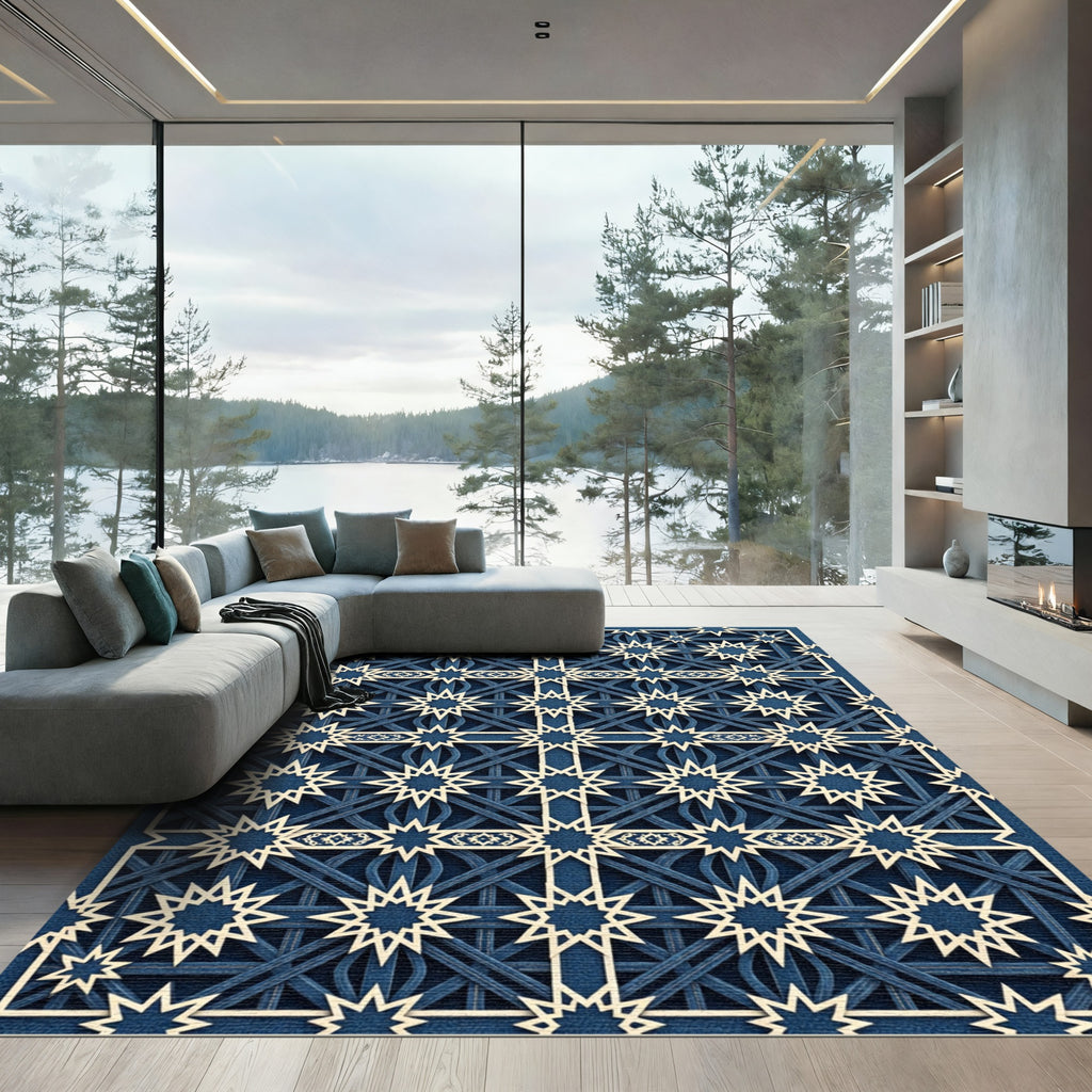 Midnight Geometric Navy Star Grid Rug