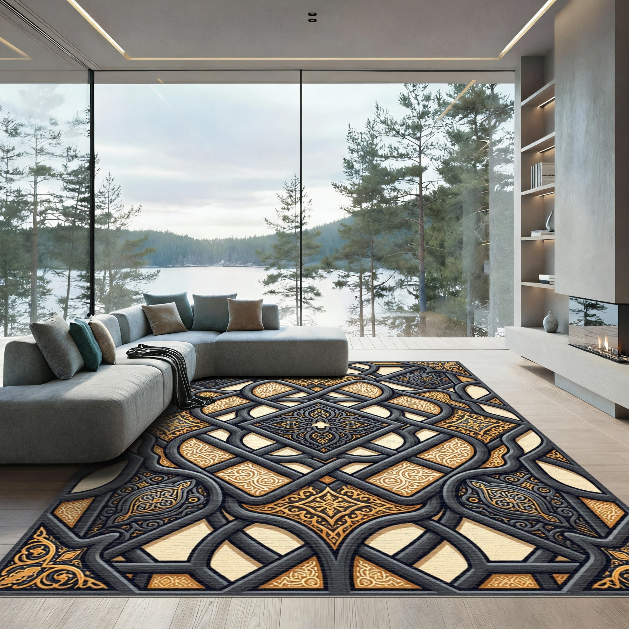 Ornate Gray Golden Interlocking Arabesque Rug
