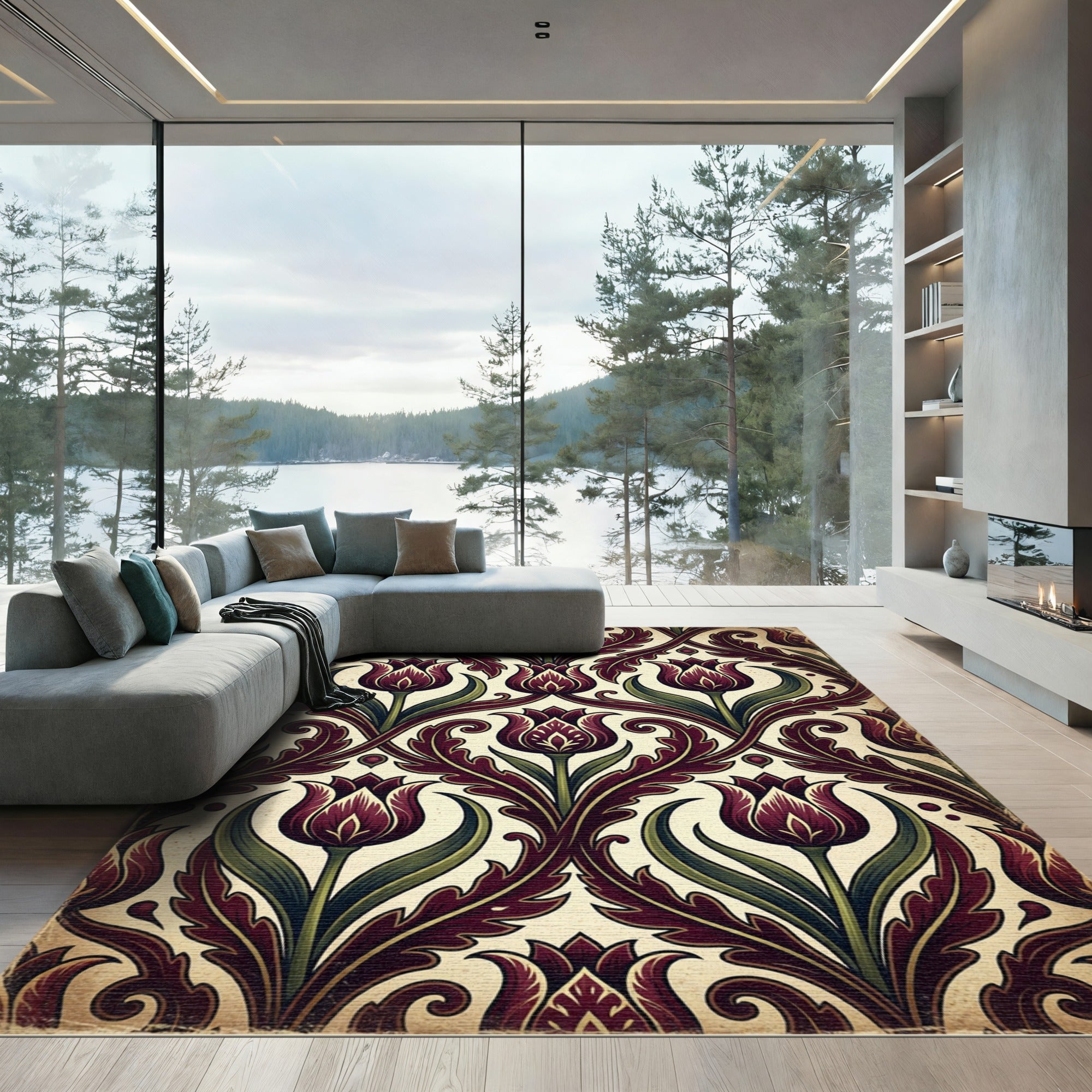 Deep Burgundy Tulip Art Nouveau Scroll Rug