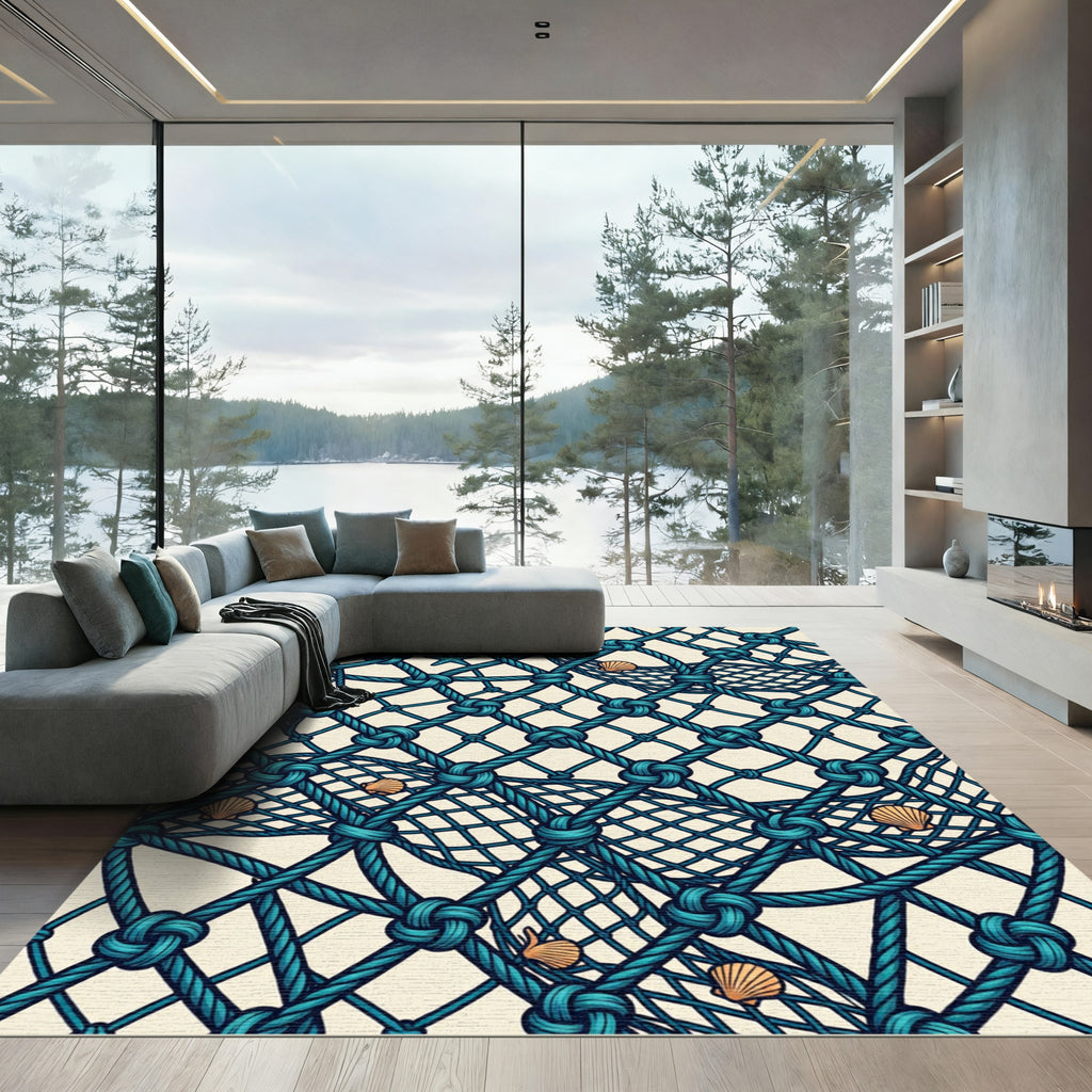 Aqua Blue Net Shell Starfish Tapestry Rug