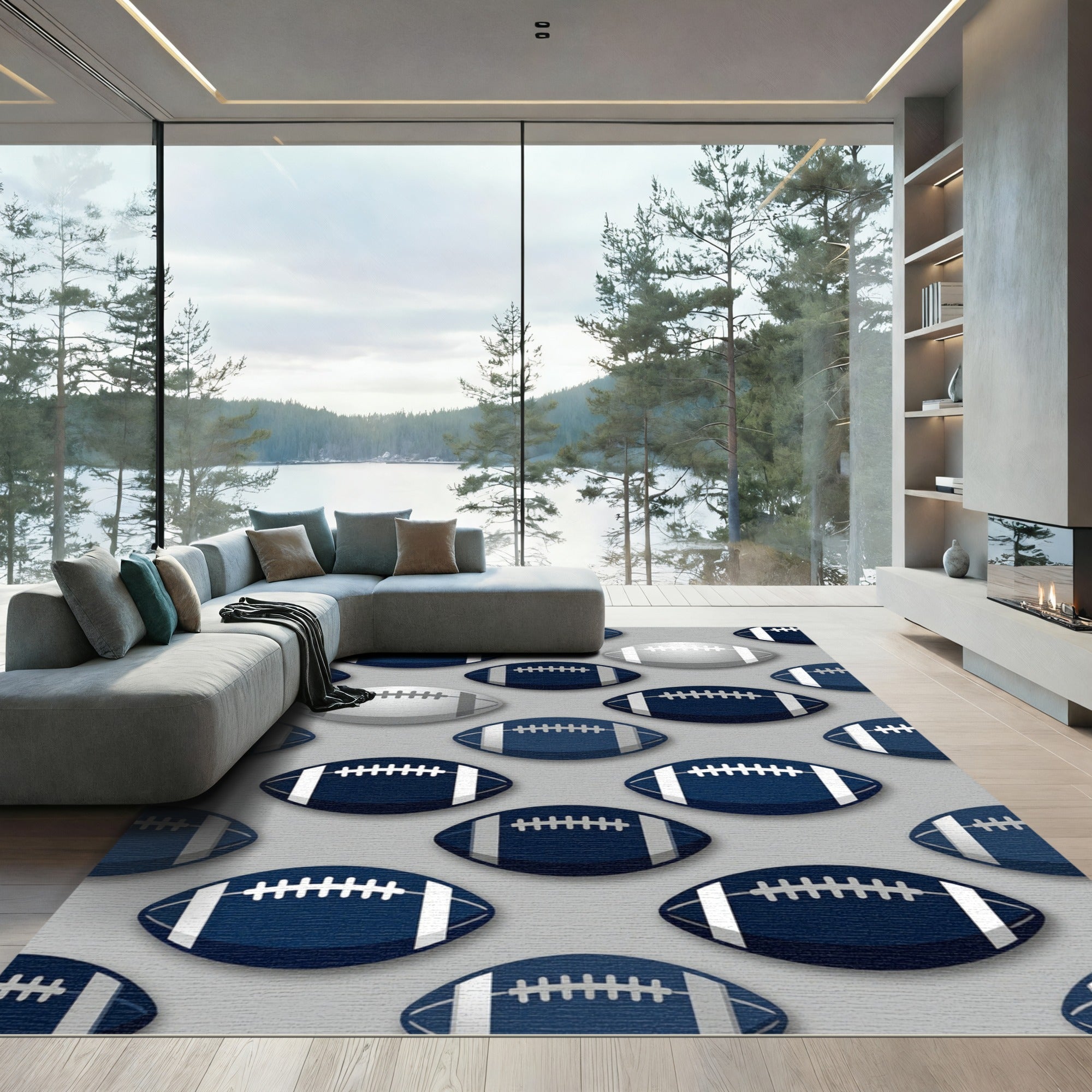 Navy and Silver American Football Grid Rug