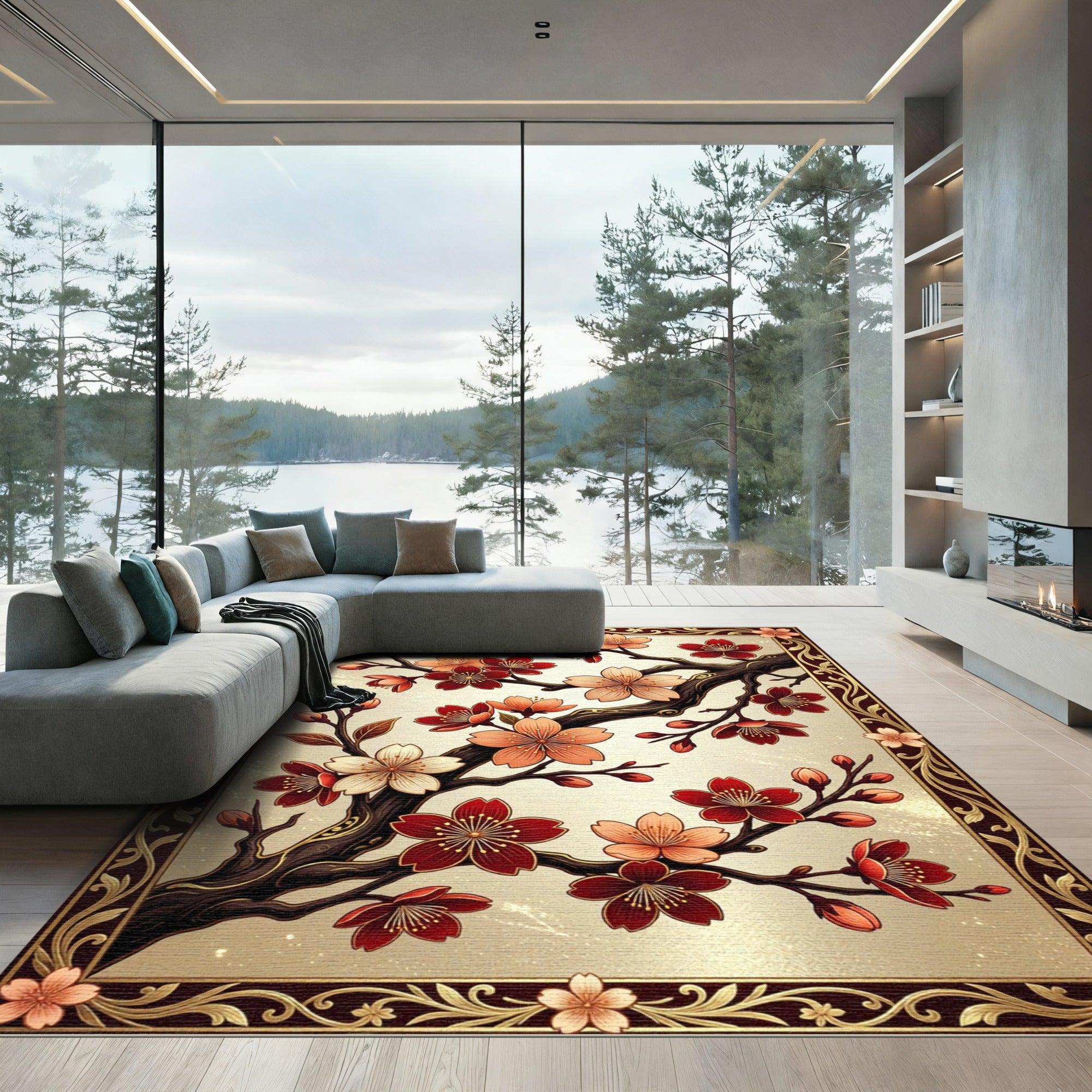 Elegant Red Cherry Blossom Branch Rug