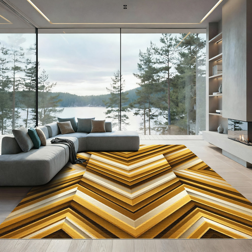 Geometric Gold Chevron Layered Abstract Rug