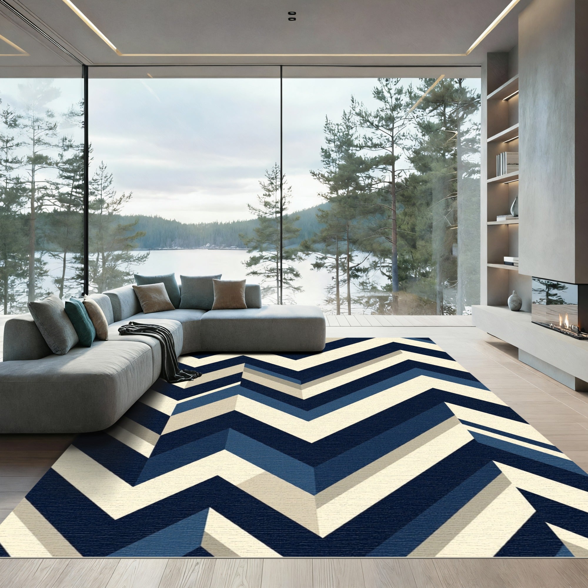 Modern Navy Cream Geometric Chevron Rug