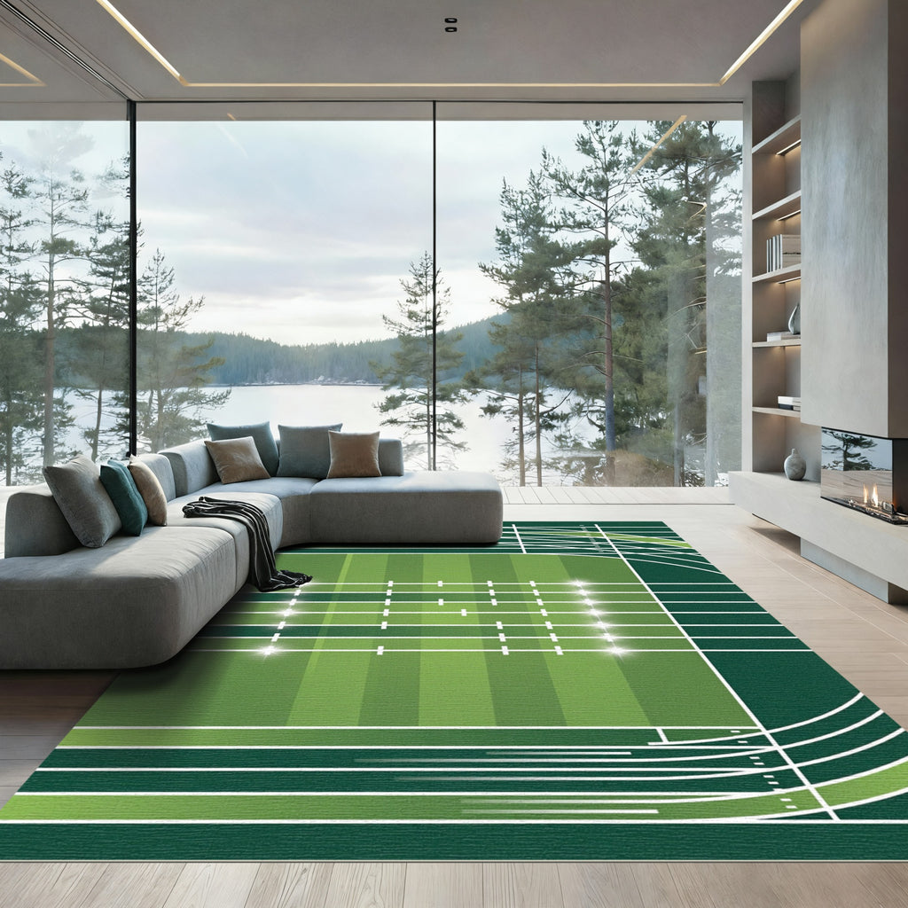Modern Green Athletic Stadium Grid Rug