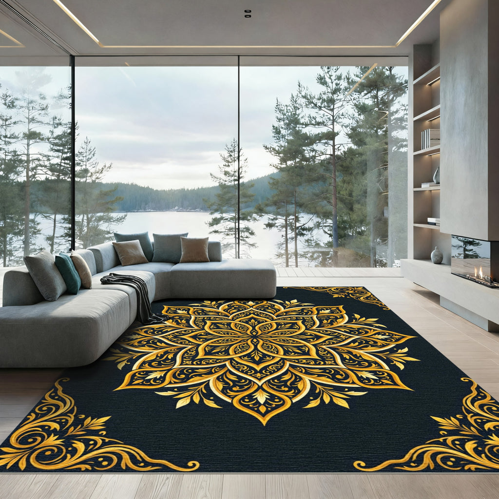 Ornate Golden Floral Mandala Ink Rug