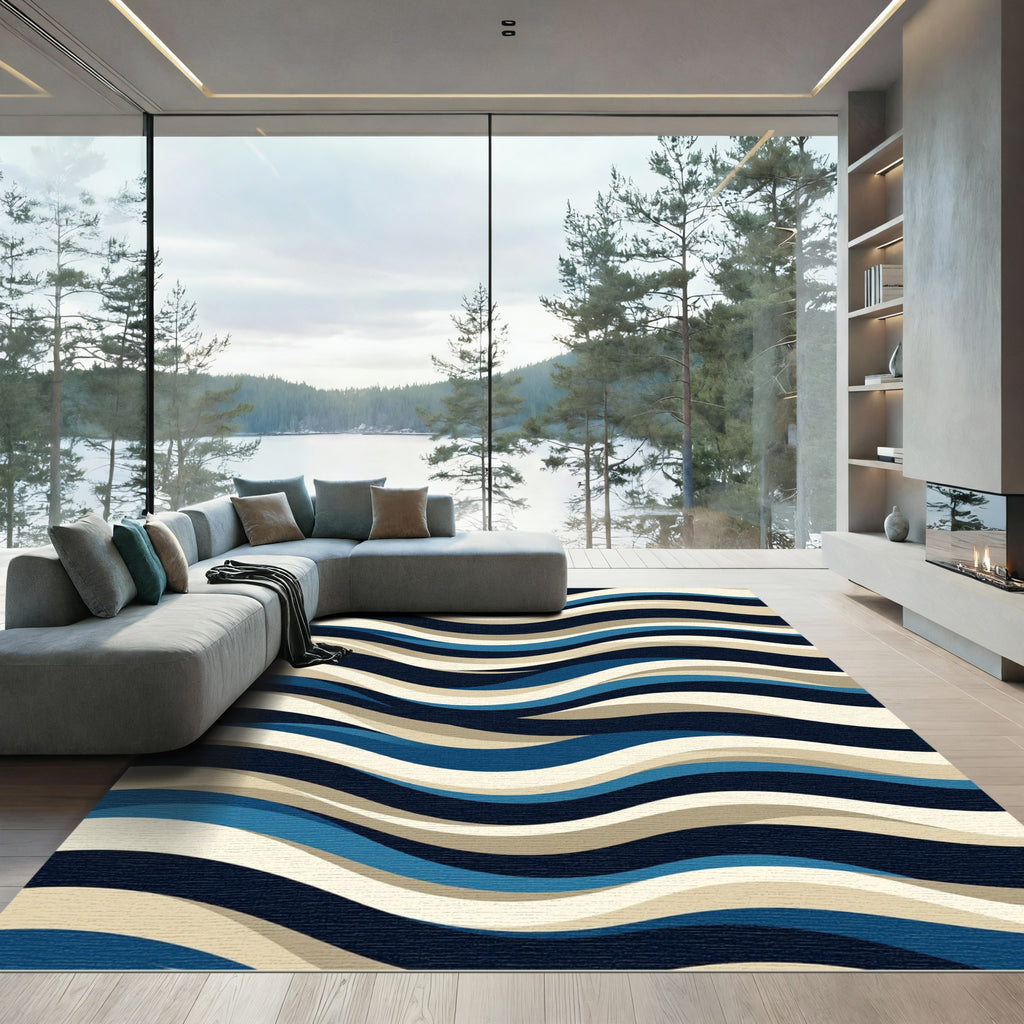 Modern Navy and Beige Wavy Accent Rug