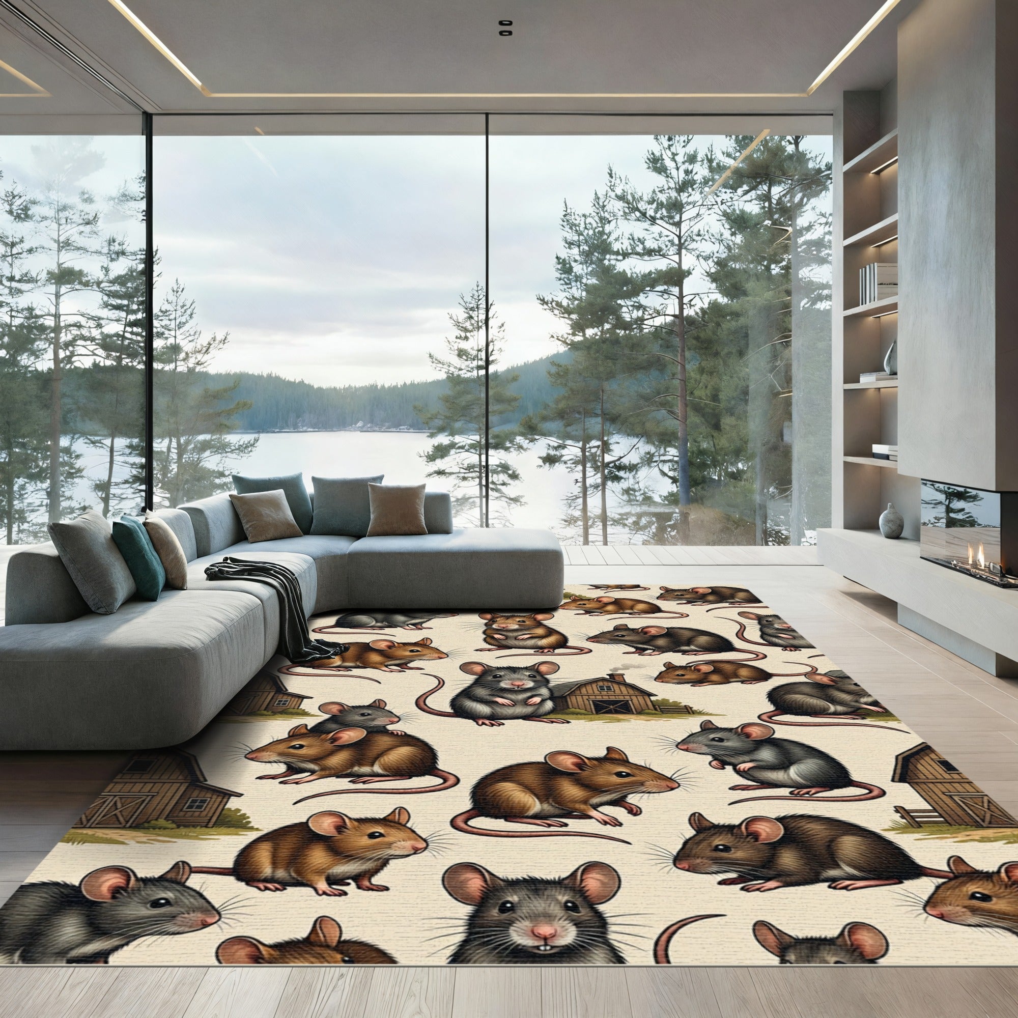 Whimsical Farmhouse Mouse And Barn Creams Rug