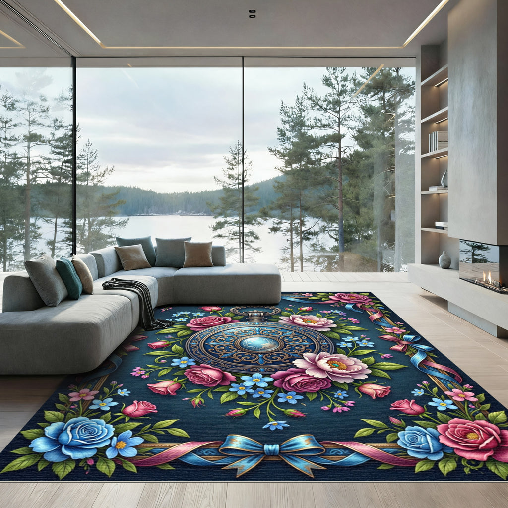 Ornate Floral Clock Medallion Navy Rug
