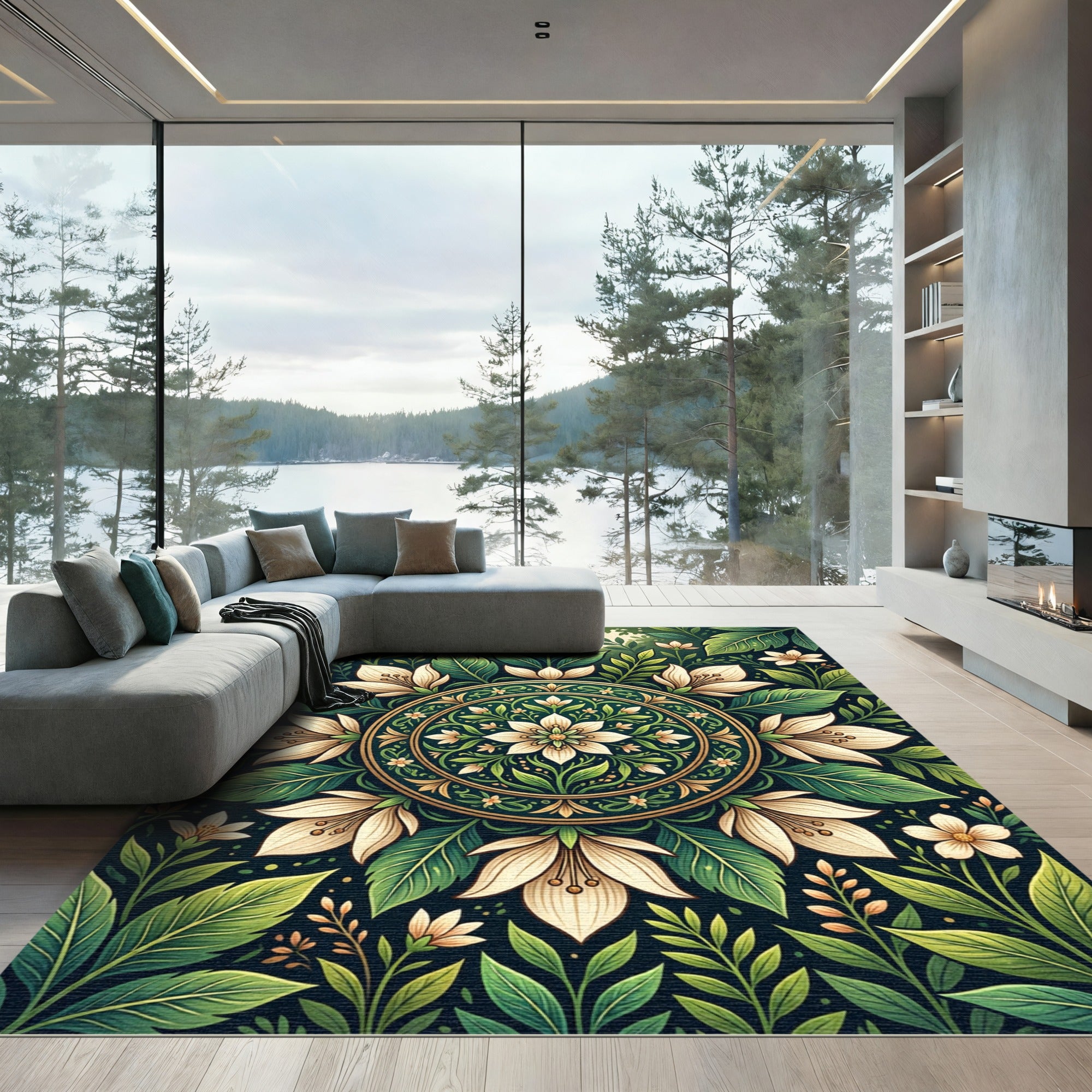 Emerald Green Floral Mandala Ornament Rug