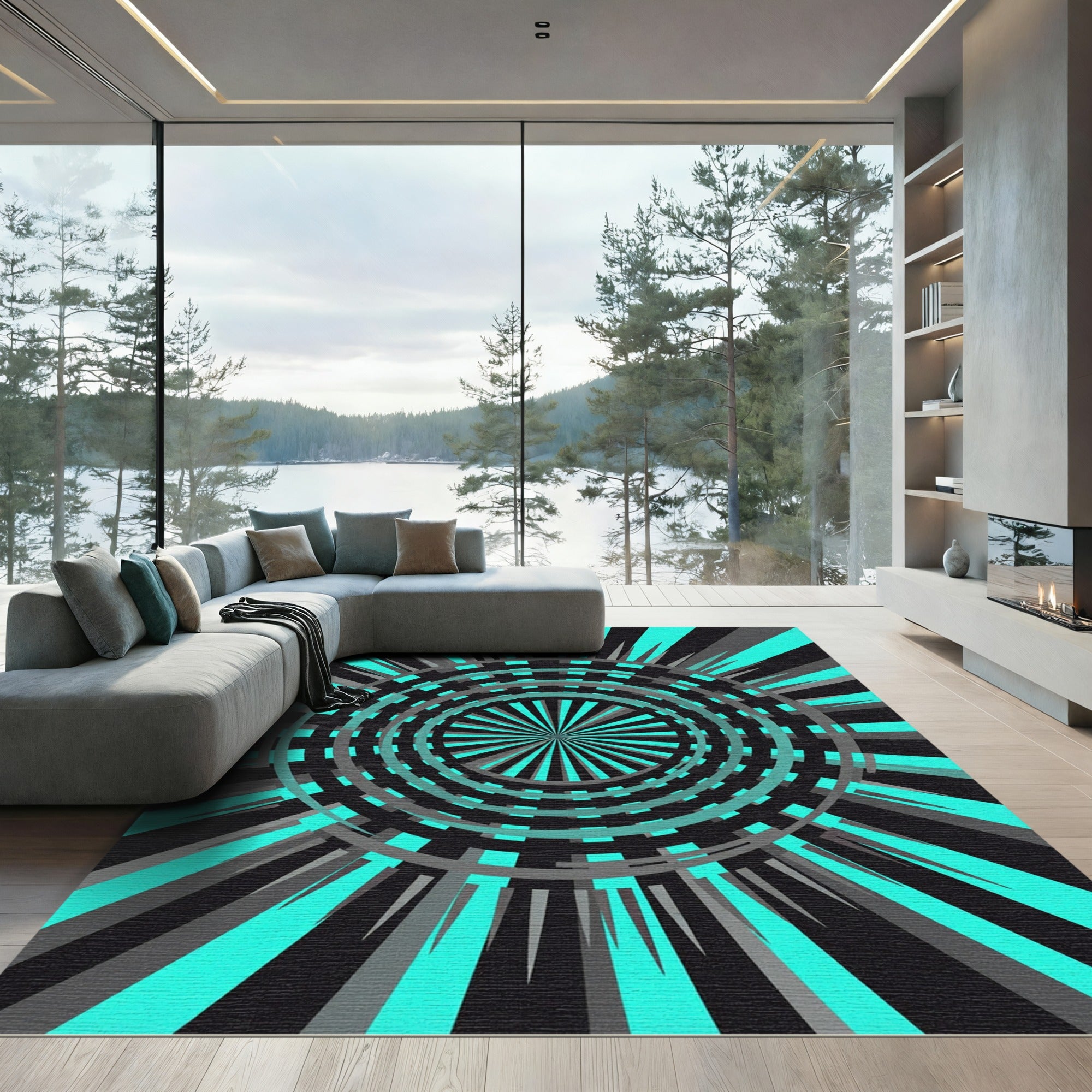 Cyan Electric Geometric Abstract Radial Vortex Rug