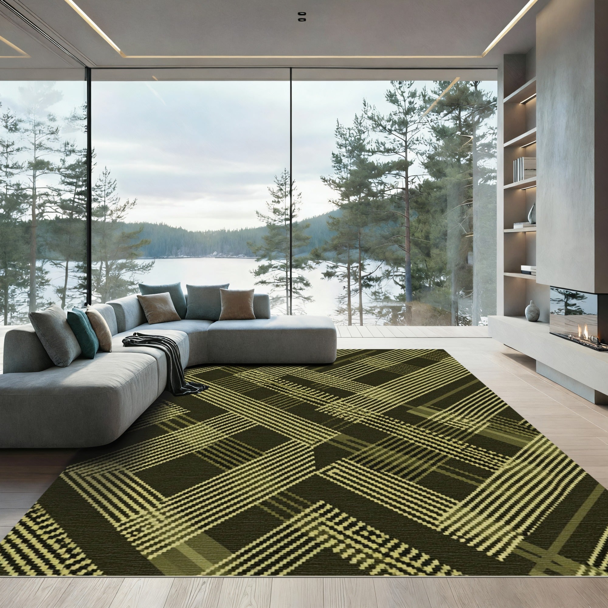 Olive Green Geometric Abstract Linear Grid Rug