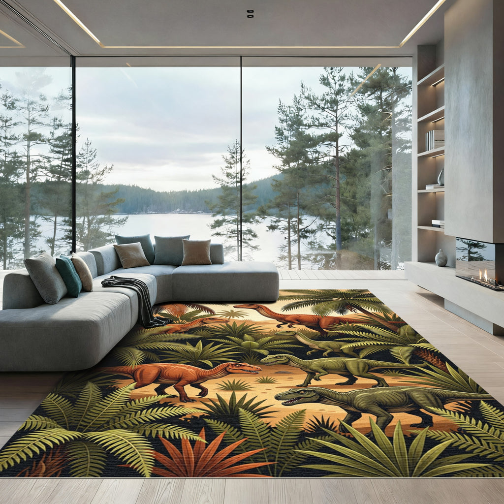Jurassic Jungle Tropical Dinosaur Landscape Rug