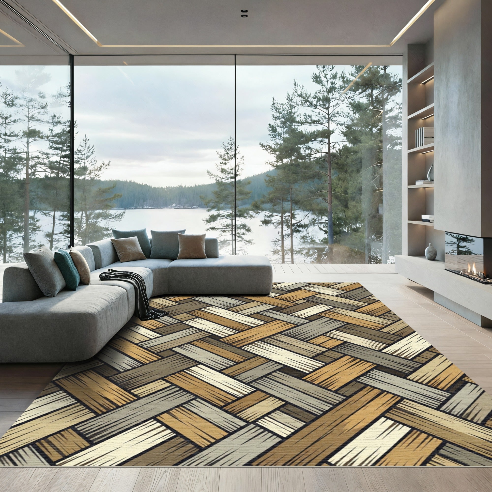 Neutral Earthy Tone Woven Basket Weave Rug