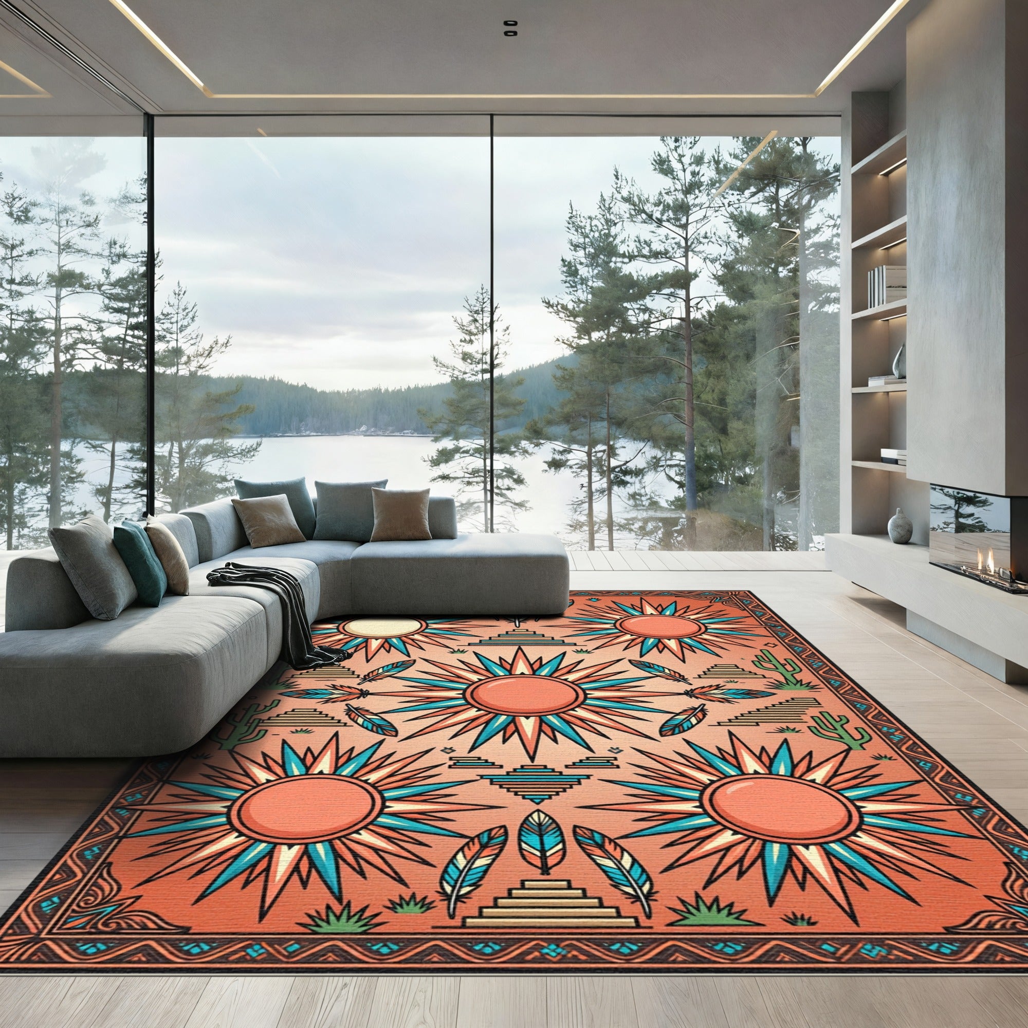 Coral Sunburst Feather Pyramid Composition Rug
