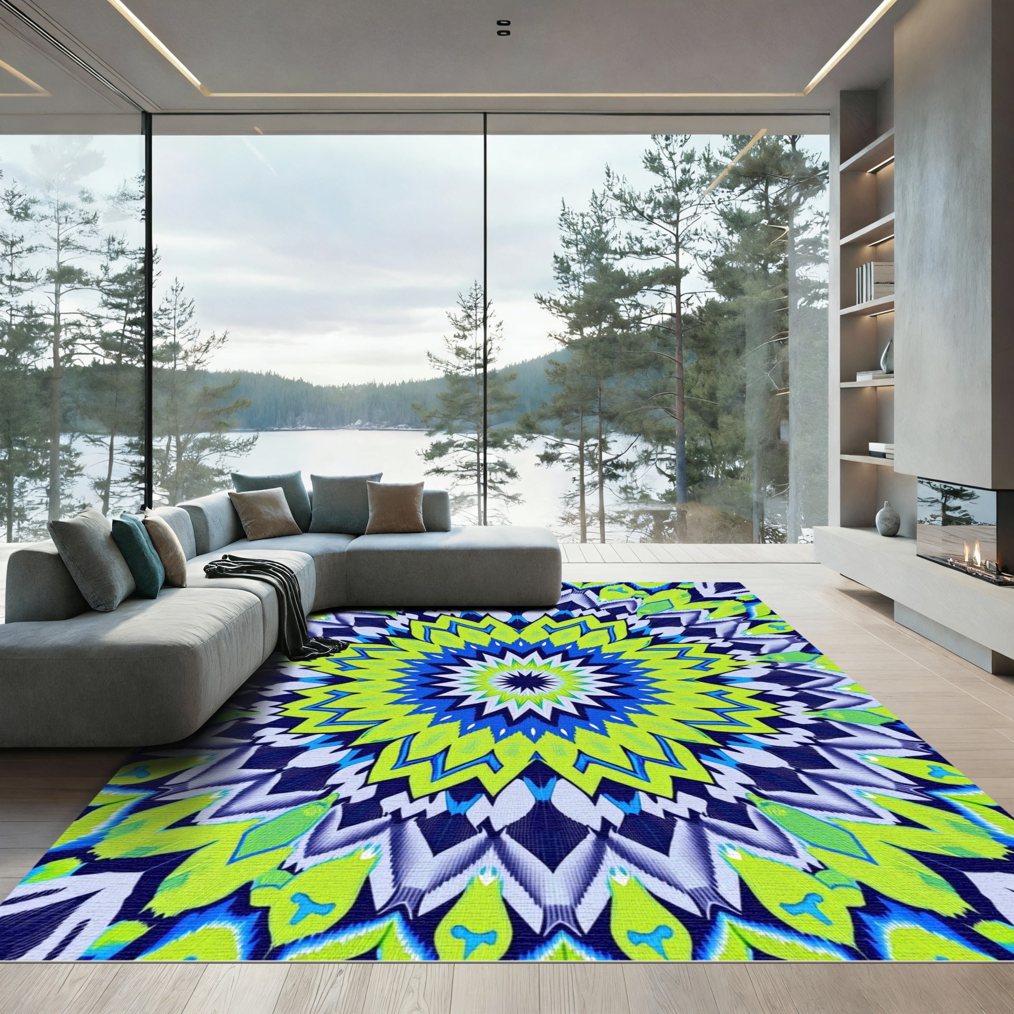 Vibrant Neon Feathered Mandala Rug