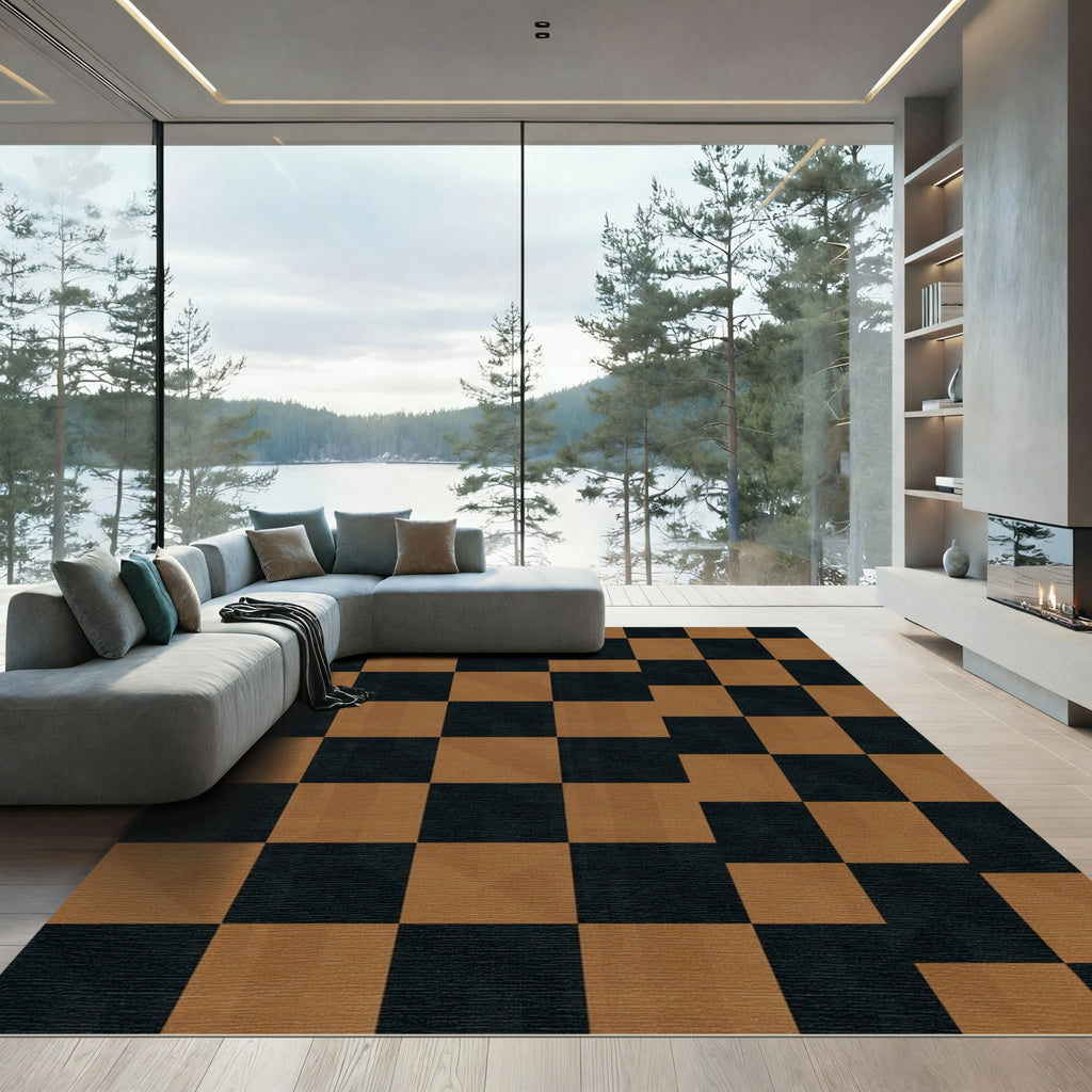 Modern Black and Tan Geometric Checkerboard Rug