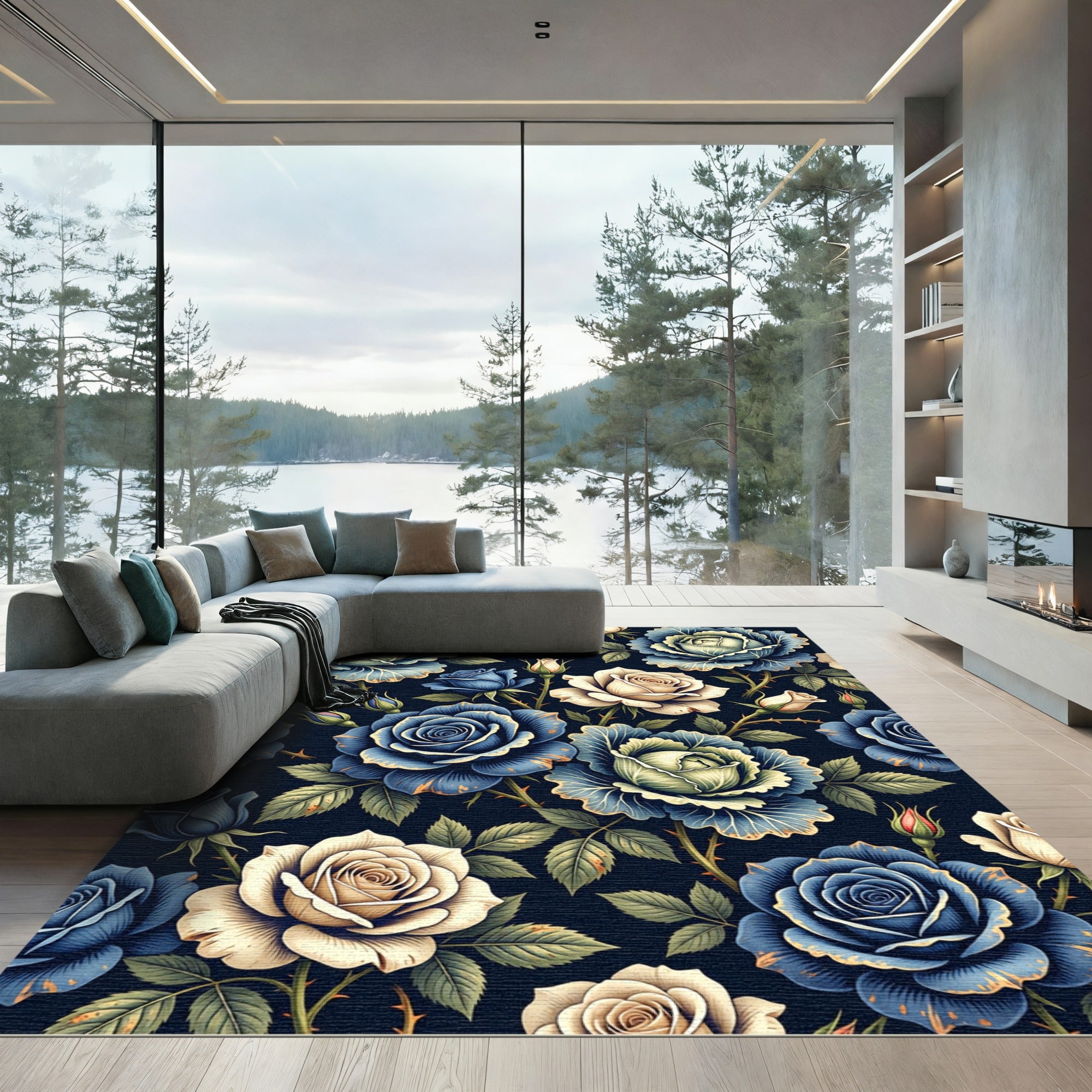 Elegant Navy and Cream Rose Garden Rug
