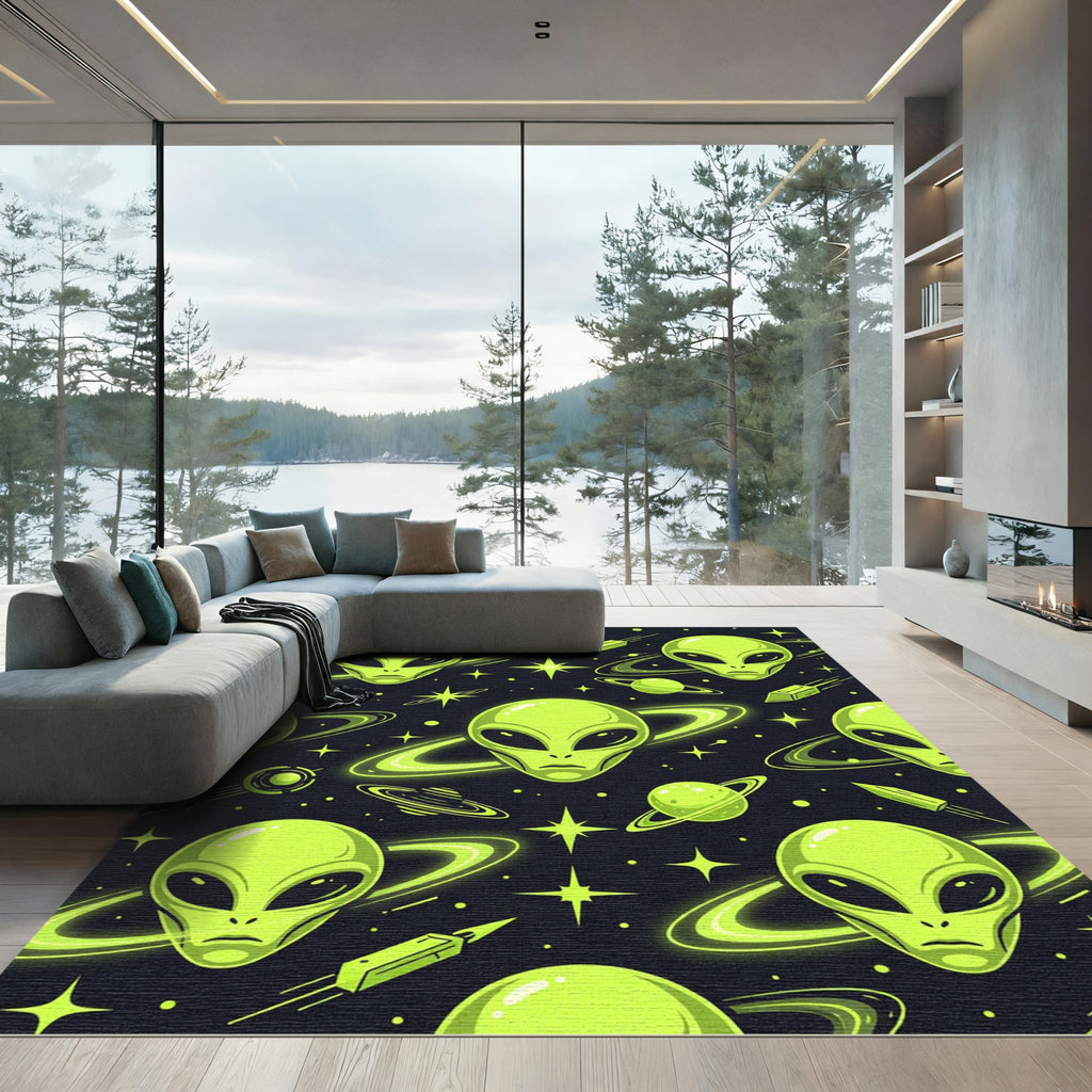 Neon Green Alien Planet Space Art Rug