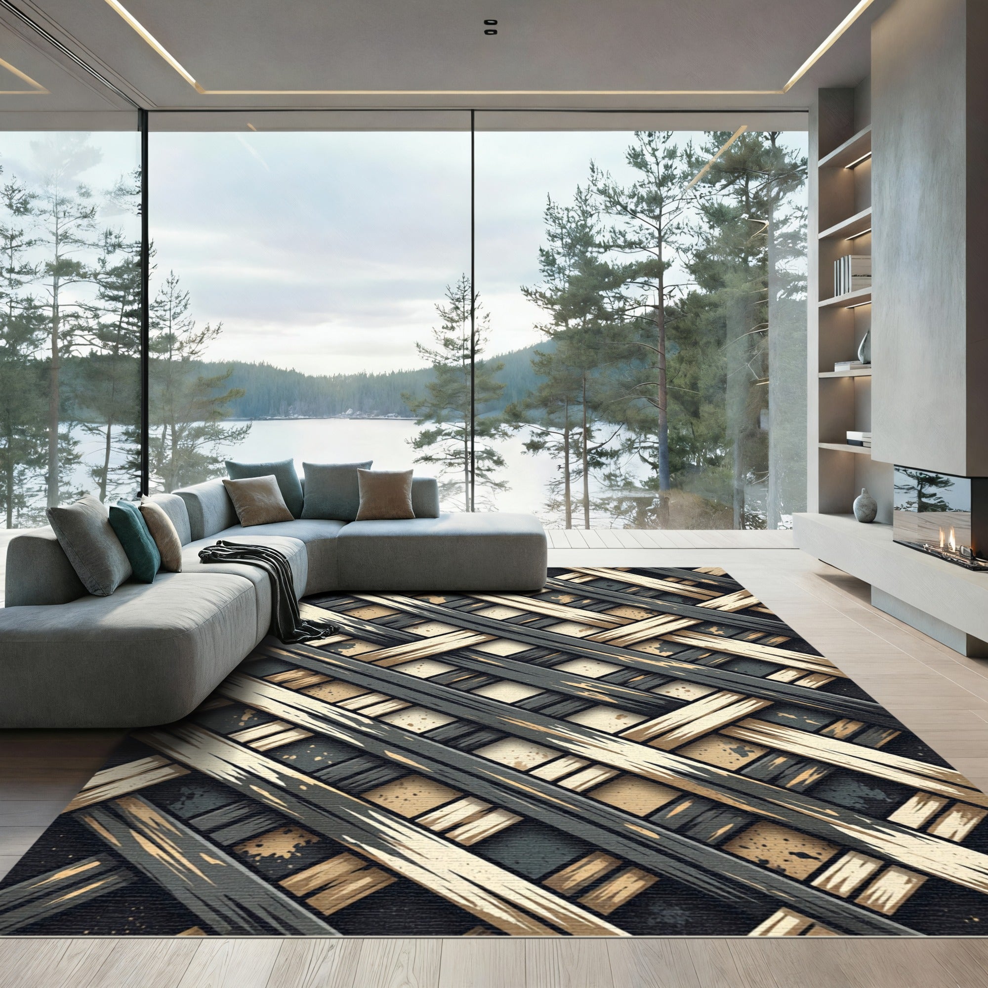 Interlocking Charcoal and Cream Geometric Weave Rug