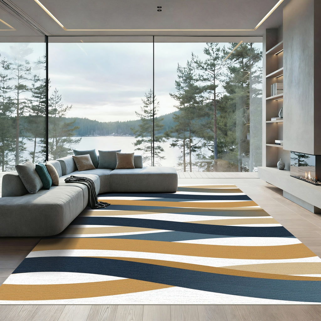 Contemporary Blue Ochre Wavy Ribbons Rug