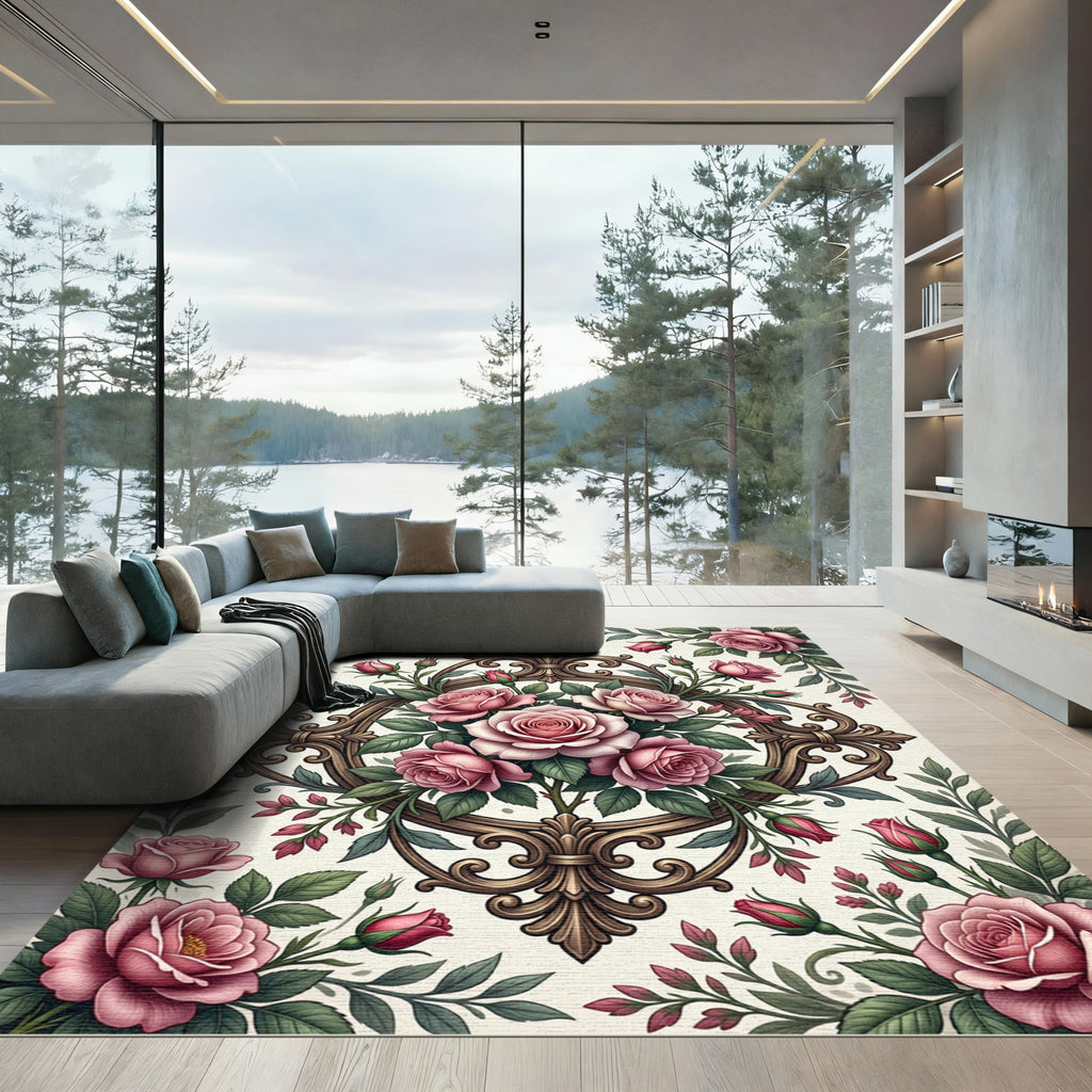 Pink Rose Baroque Floral Medallion Rug