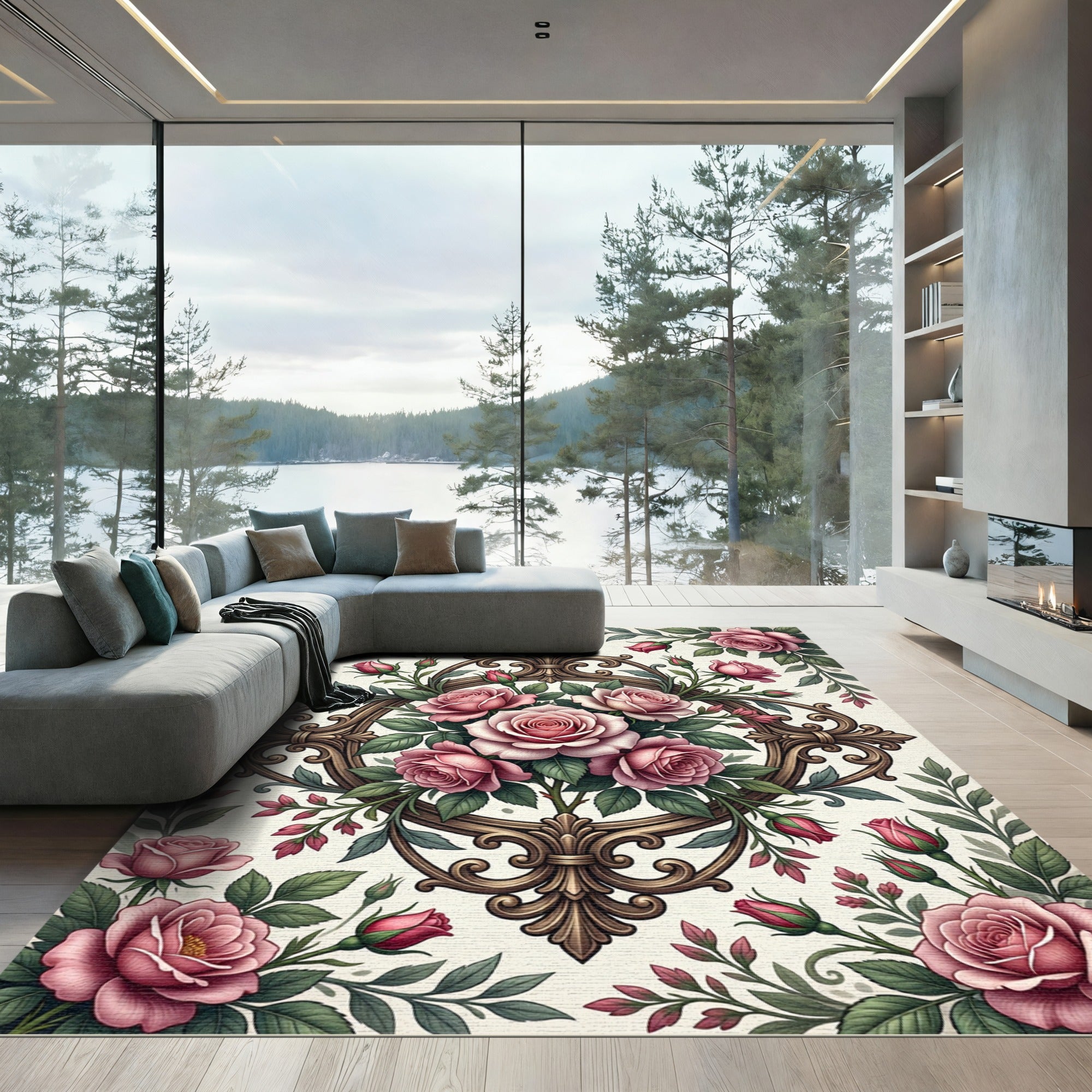 Pink Rose Baroque Floral Medallion Rug
