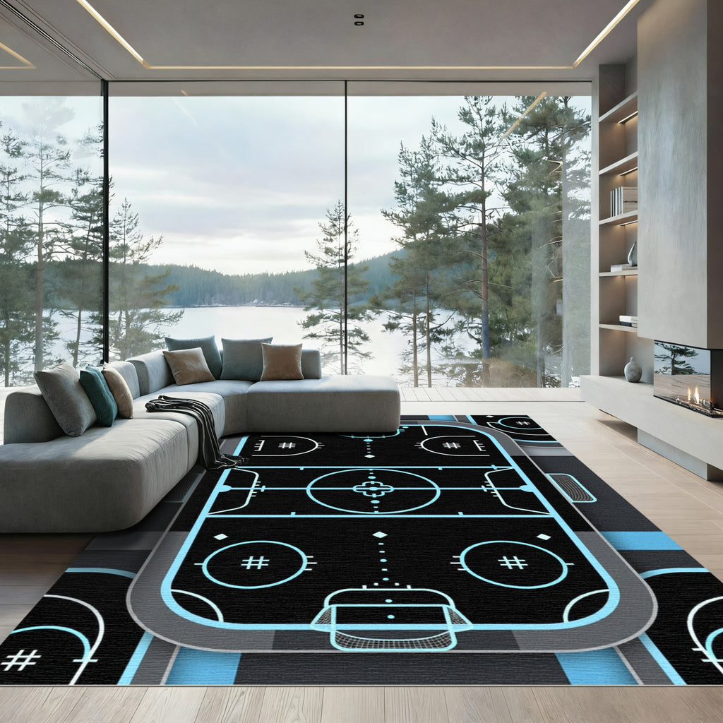 Neon Cyan Athletic Rink Grid Rug