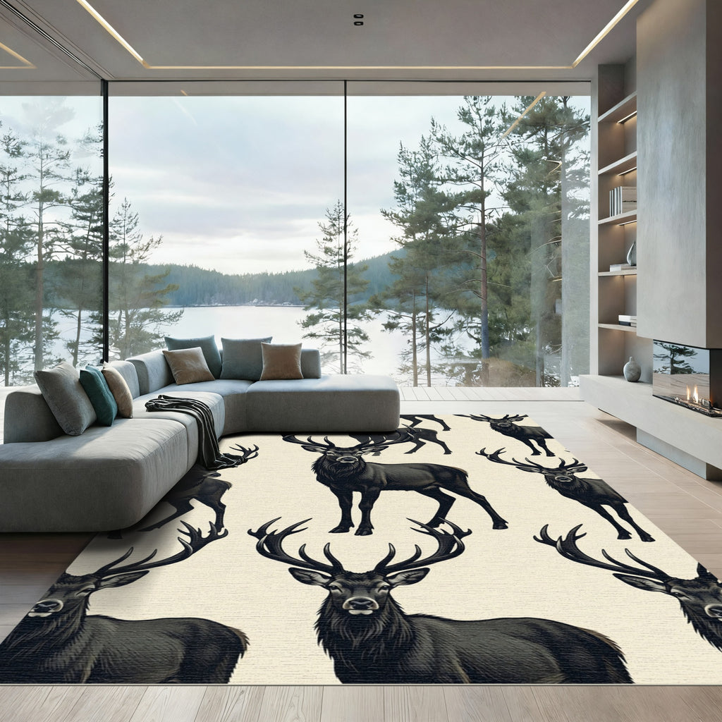 Regal Charcoal Stag Forest Illustration Rug