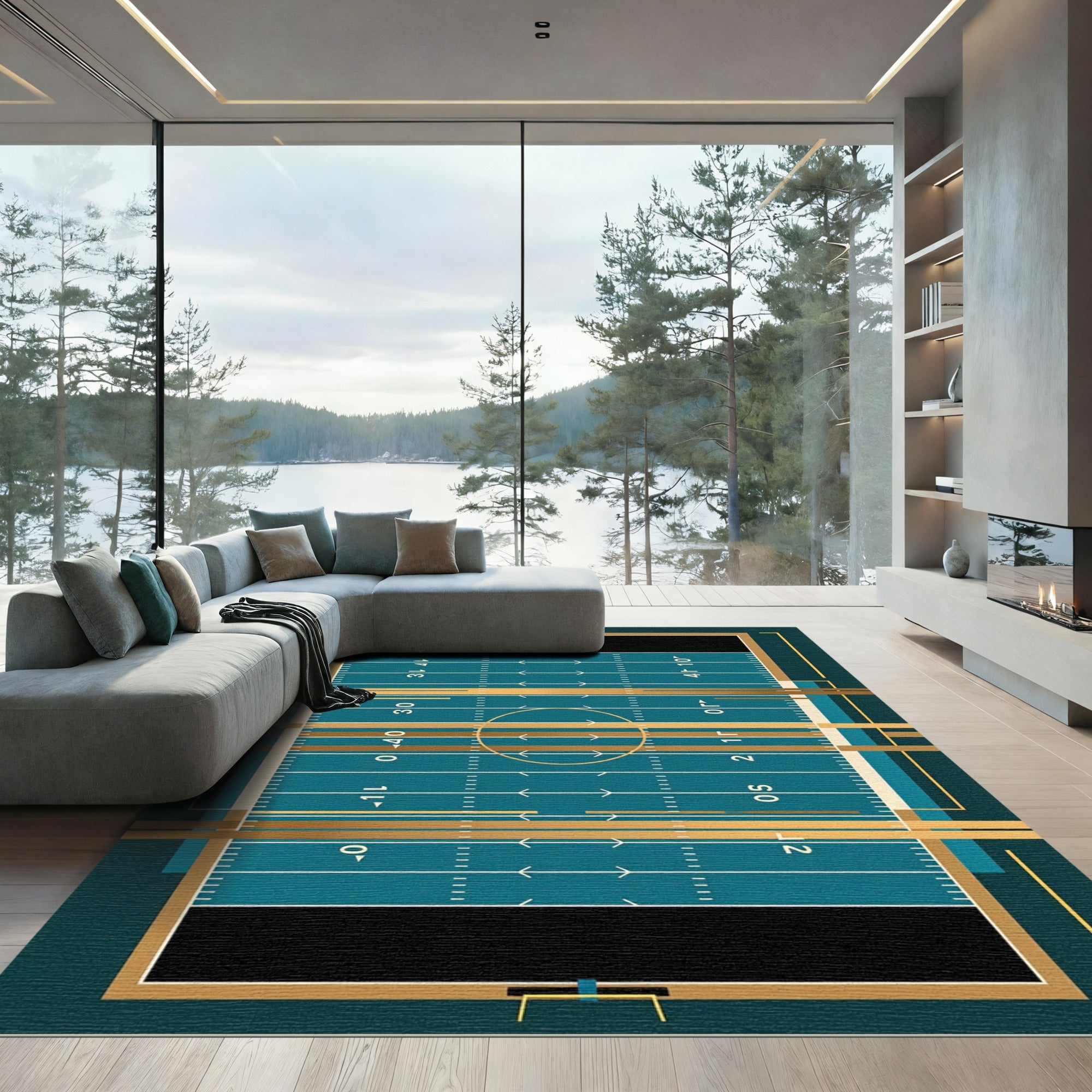 Geometric Teal and Gold Football Field Rug