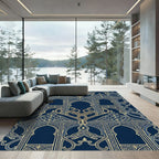 Midnight Blue Gold Arabesque Arch Rug