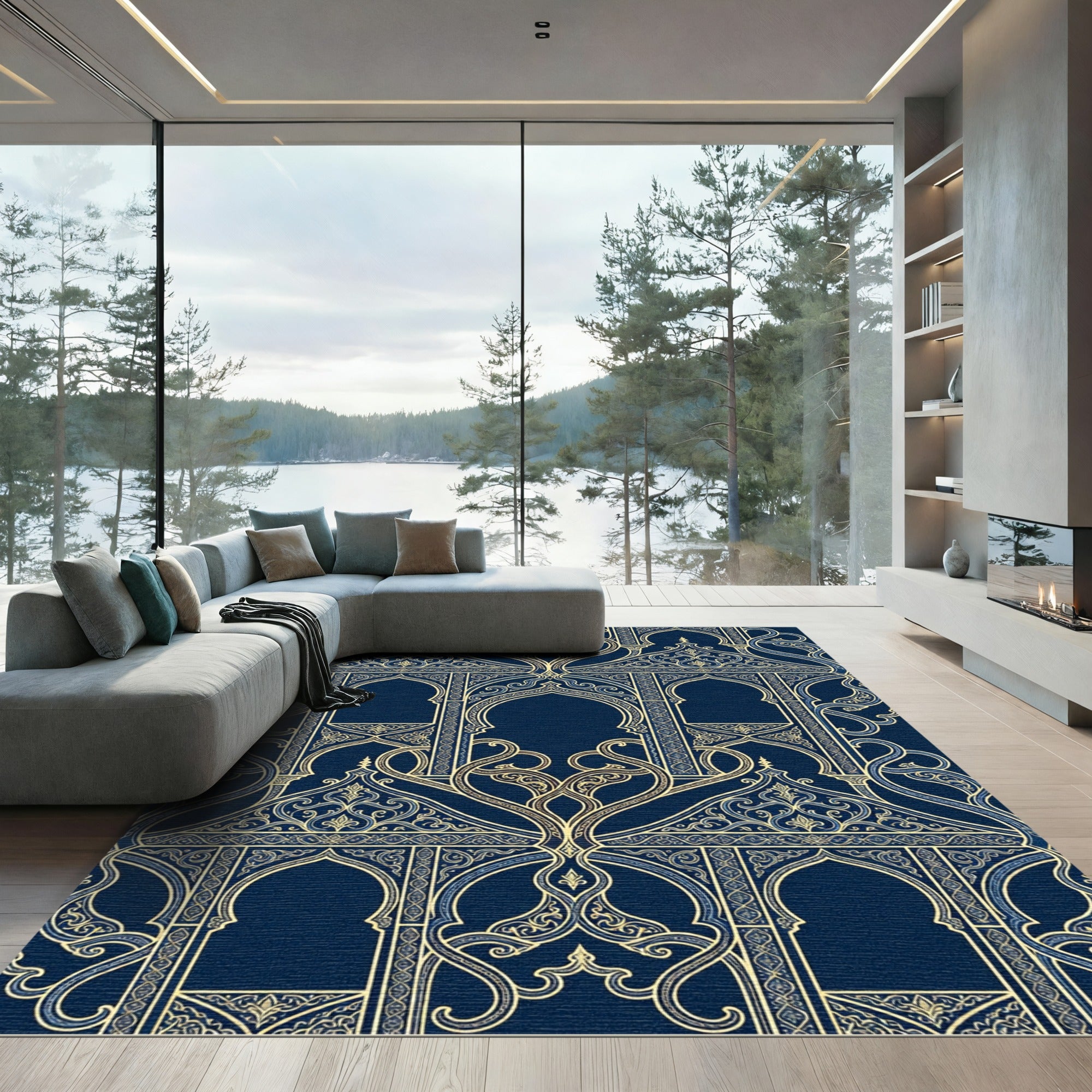 Midnight Blue Gold Arabesque Arch Rug