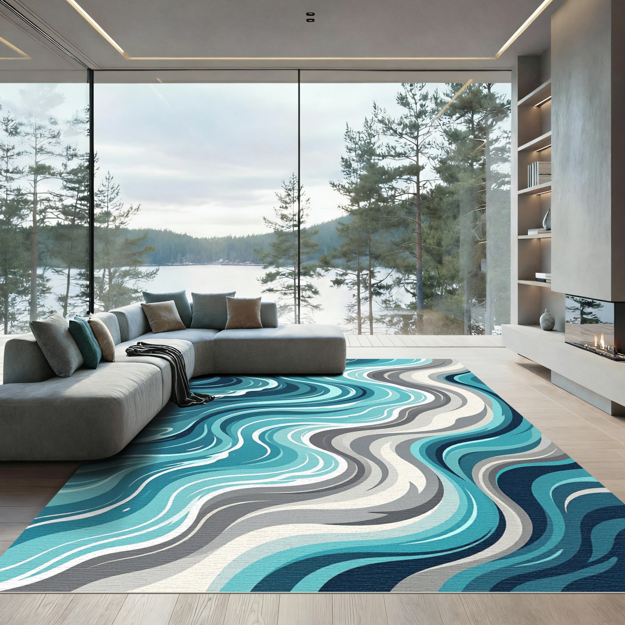 Abstract Teal Blue Ocean Wave Rug
