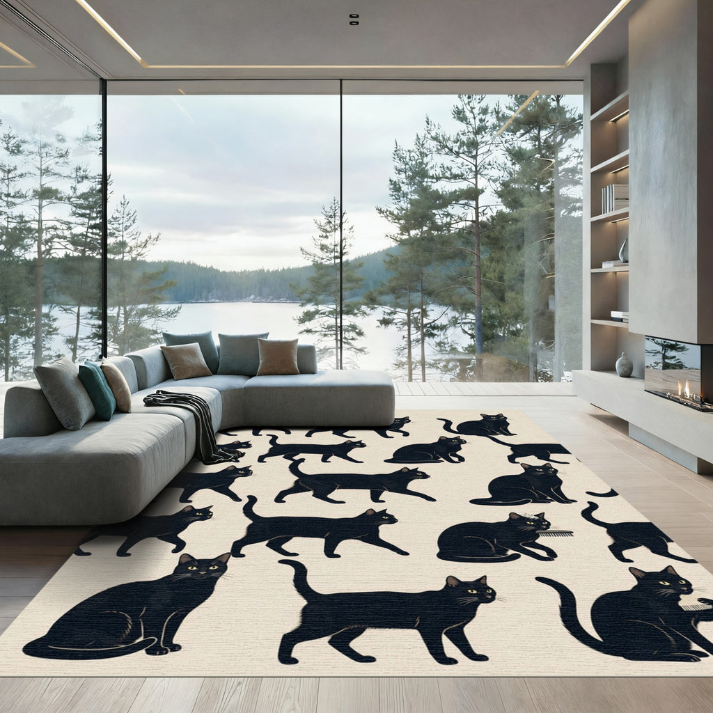 Whimsical Black Cat Silhouette Illustrated Rug