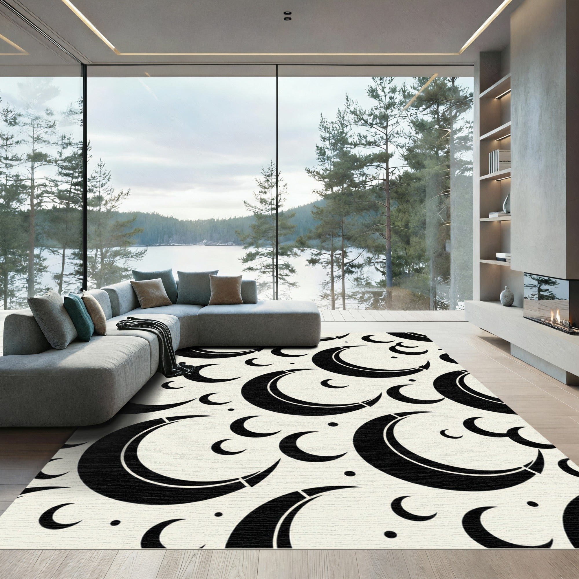 Black Crescent Moon Celestial Repeat Rug