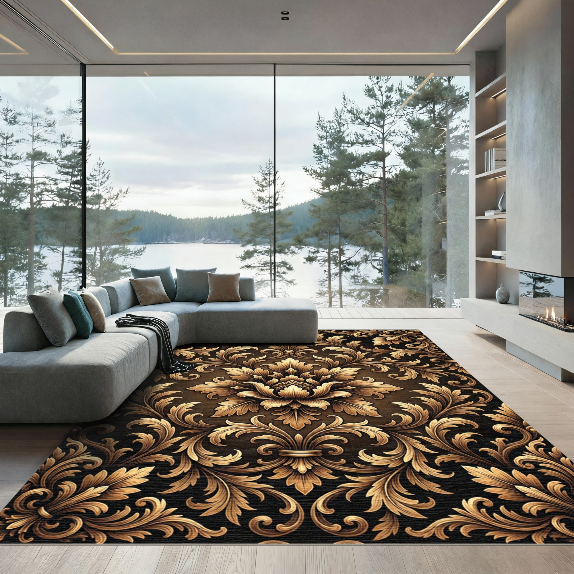 Aged Gold Floral Baroque Scroll Rug