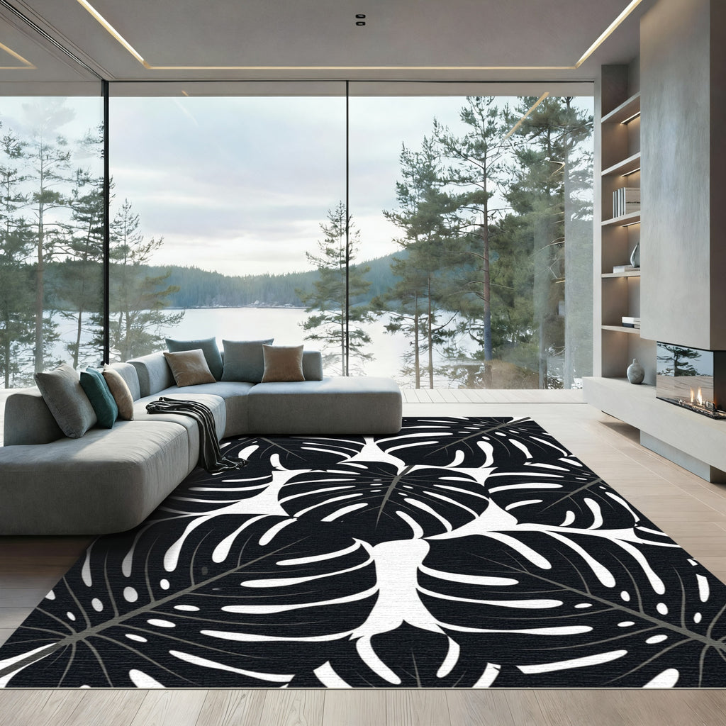 Monstera Black White Leafy Foliage Rug