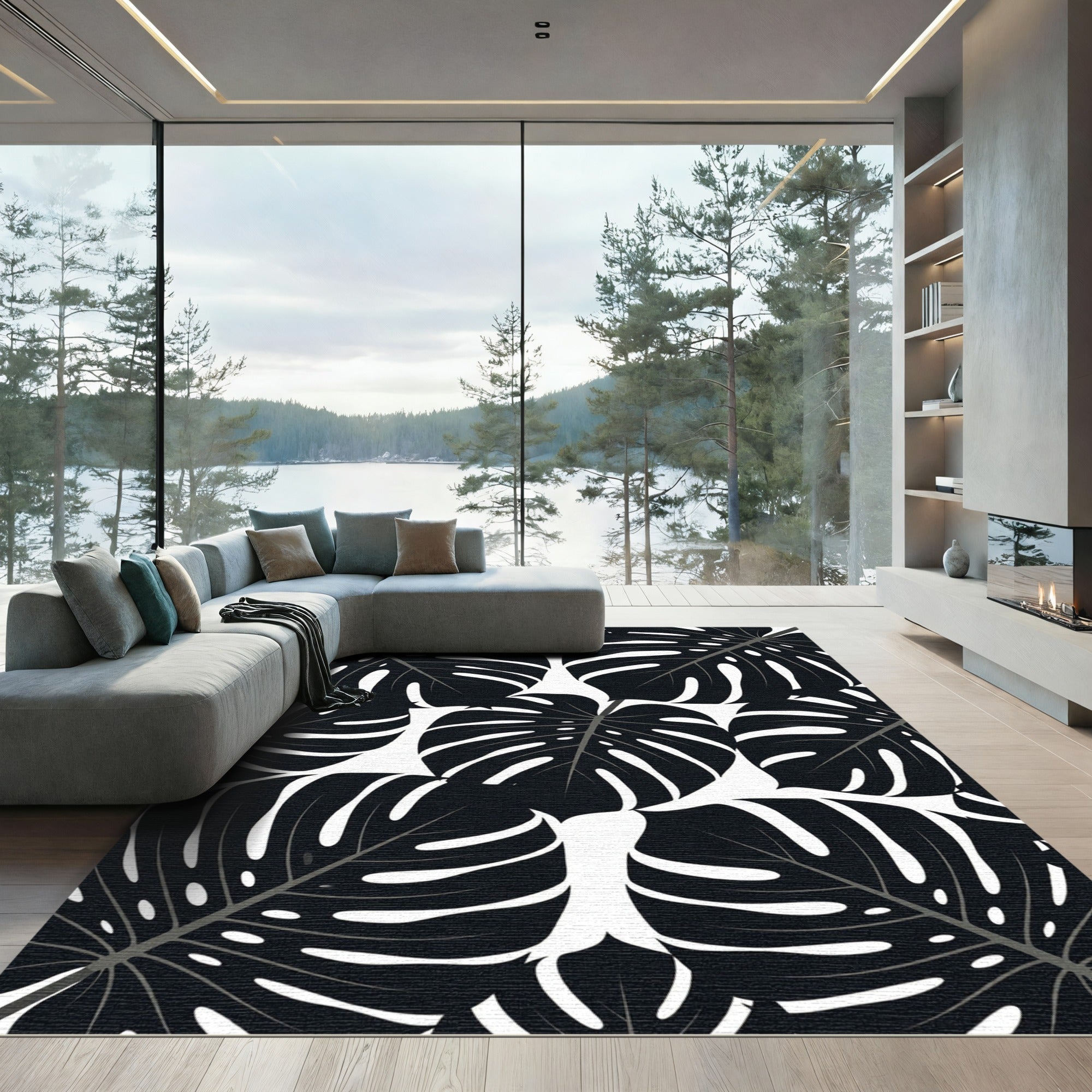 Monstera Black White Leafy Foliage Rug