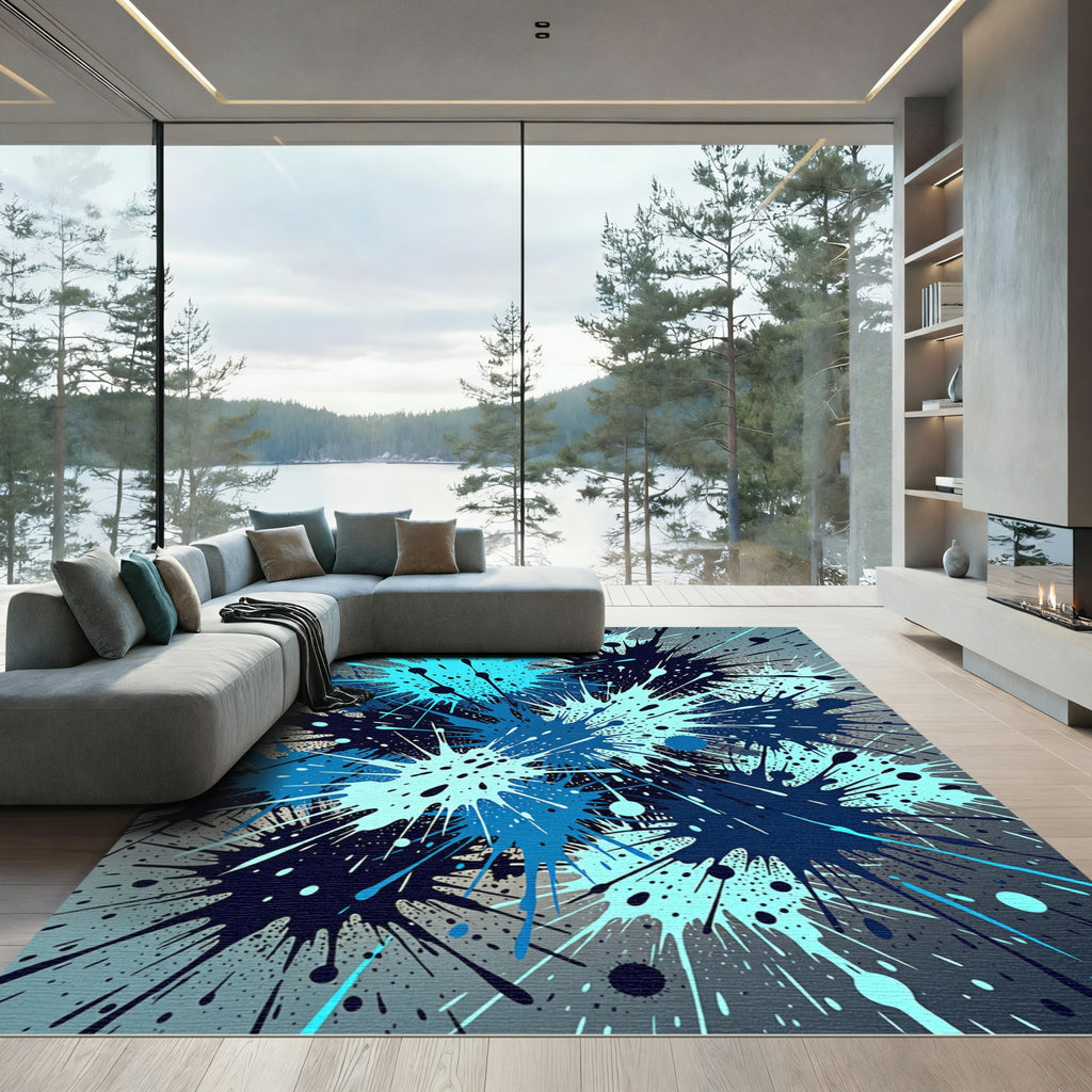 Dynamic Navy and Cyan Ink Splash Rug