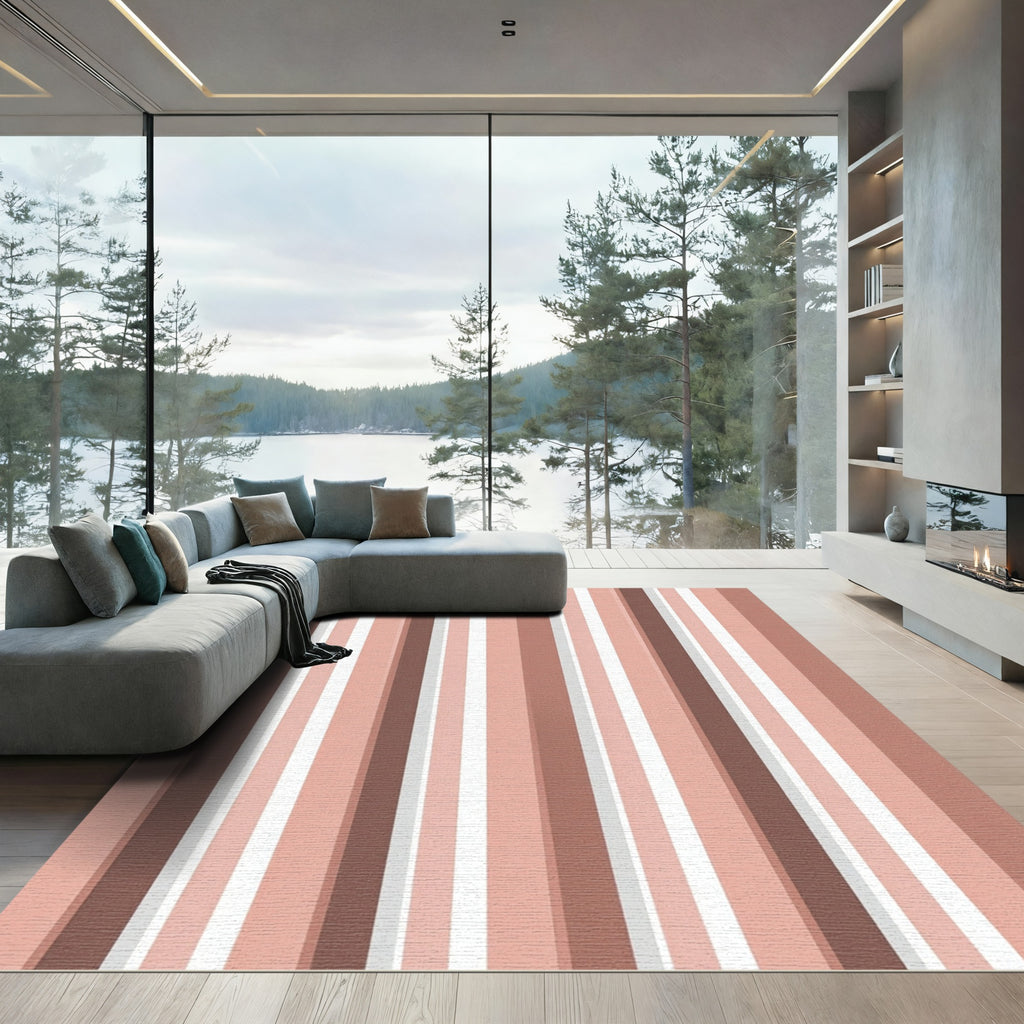 Soft Coral And Brown Stripe Rug