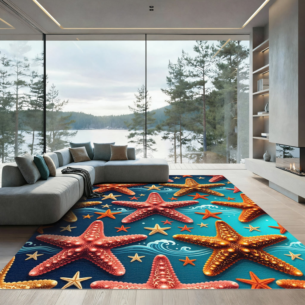 Vibrant Starfish Aquatic Ocean Blue Rug