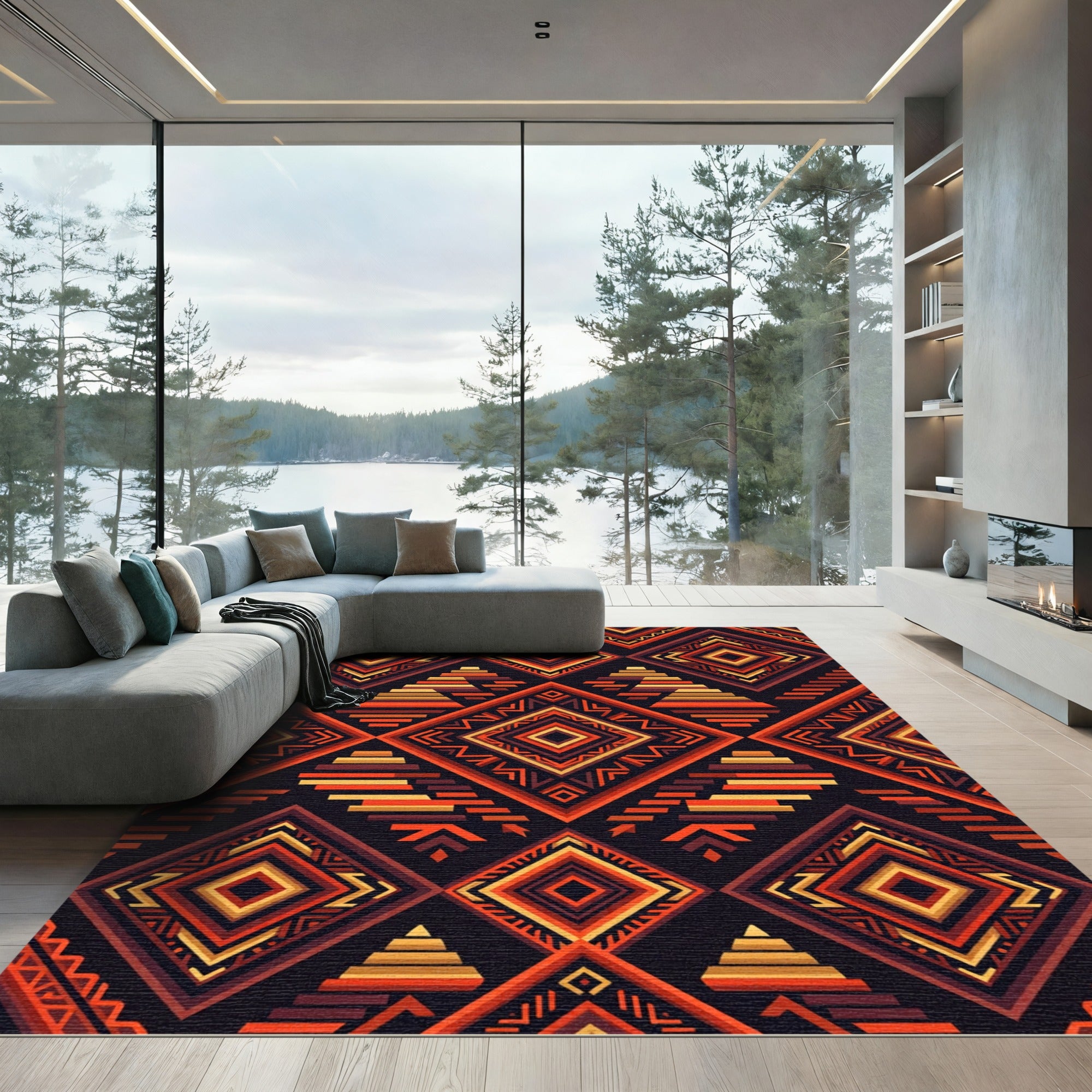 Fiery Geometric Diamond Zigzag Rug