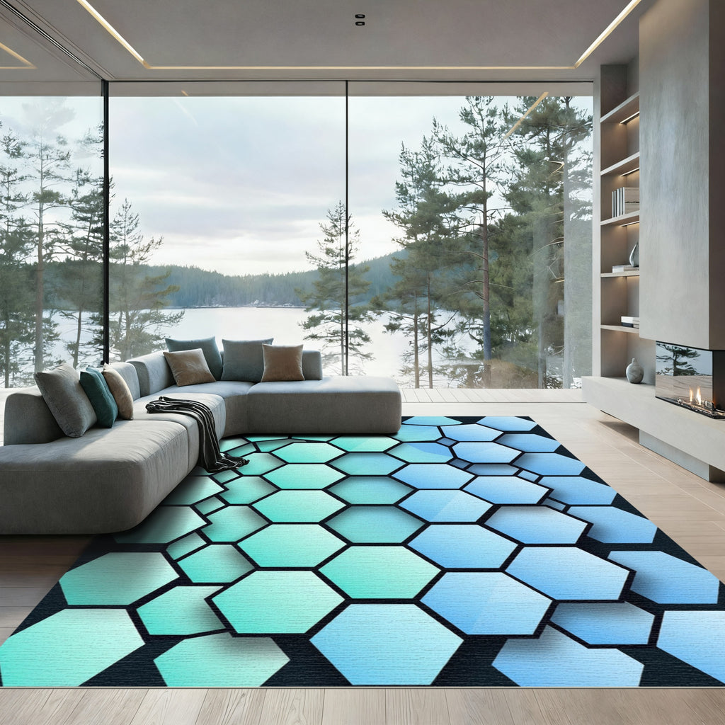 Modern Teal and Azure Geometric Hexagon Rug