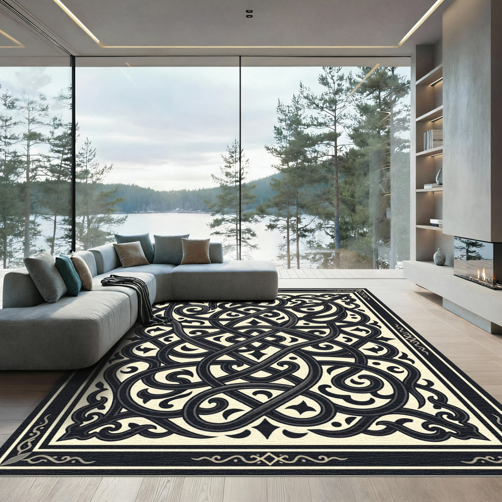 Dark Celtic Knotwork Scrollwork Ivory Rug