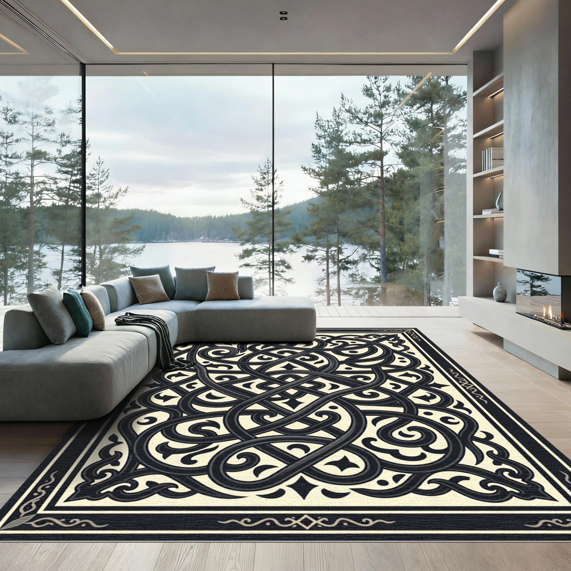 Dark Celtic Knotwork Scrollwork Ivory Rug